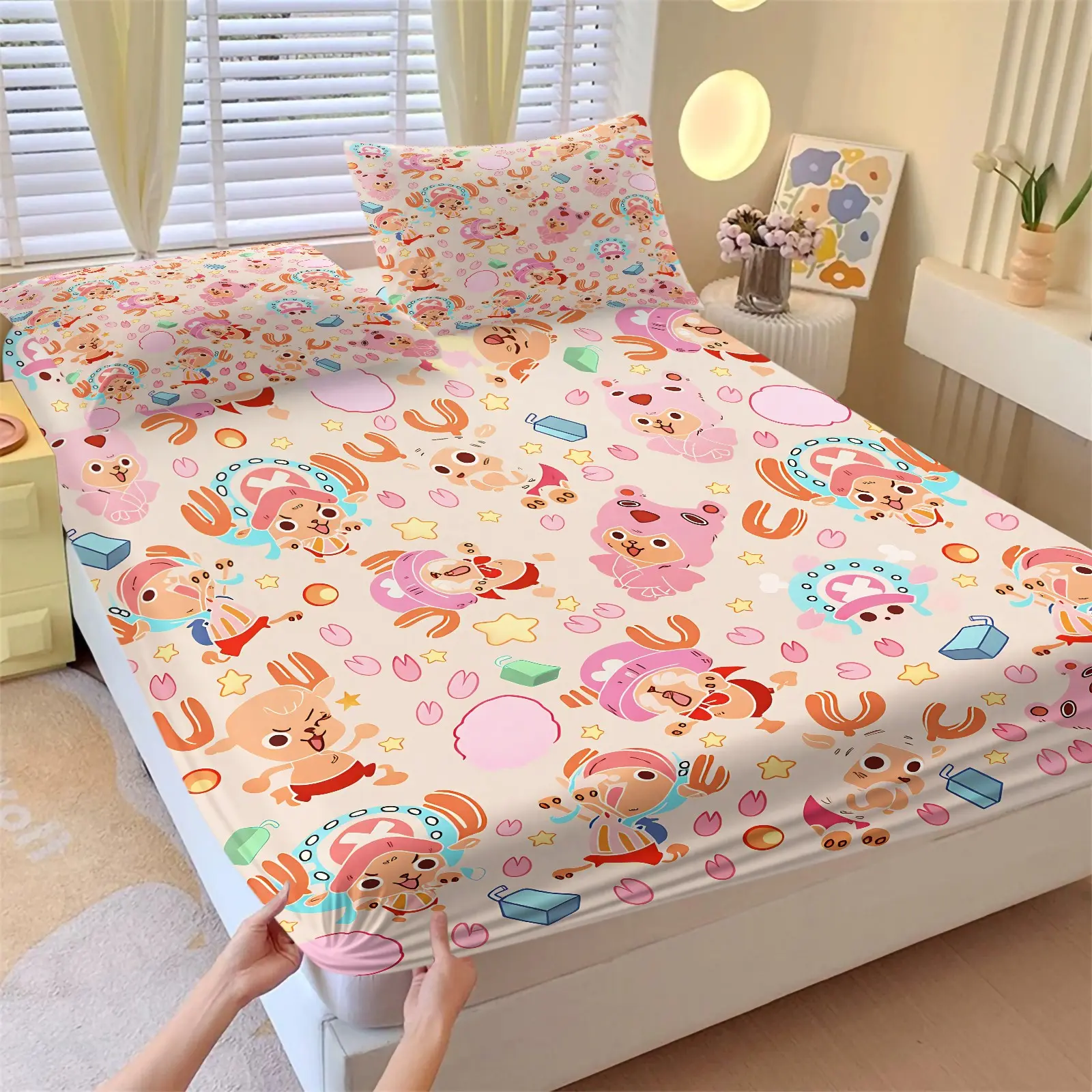 3PCS Light Pink Cute Anime Deer Print Fitted Sheet Set (1 Fitted Sheet + 2 Pillowcases),Soft Breathable Comfortable Microfiber Fabric,Stretchy Deep Pocket Wrap Design,All Season Manga Fan Bedroom Bedding Gift