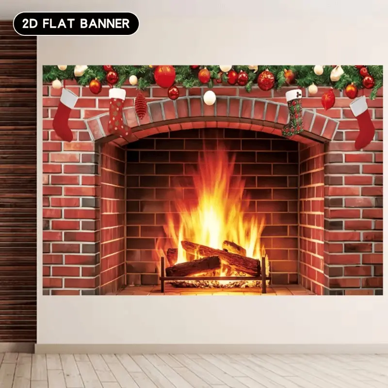 2D Flat Banner 1pc Christmas Fireplace Flame Stocking Pine Ornament Backdrop, Suitable for exhibition hall, event hall, for christmas party, holiday scene layout, theme ornament, party arrangement, photography backdropdecoration suppliesolyester Material