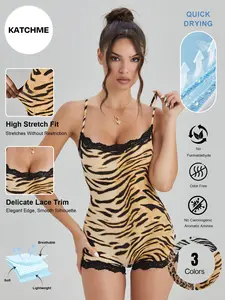 Women's Abstract Tiger Print Thin Strap Lace Trim Soft Playsuit, Minimalist Stretch Sleeveless Shapewear, Sport & Outdoor Clothing, Lace Body Suit