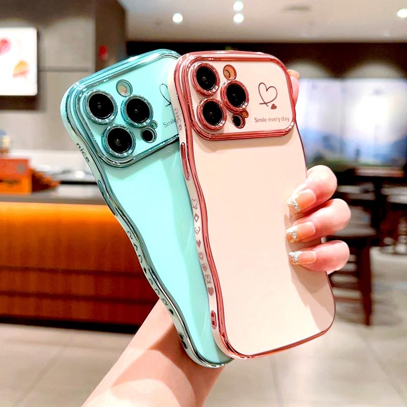OREKROY [FreeShip] Cute Wave Shape with Love Heart Raised Camera Protection Phone case For iPhone 16 15 14 13 1211 Pro Max Accessories Durable Silicone Shiny Silicone Shiny Wavy