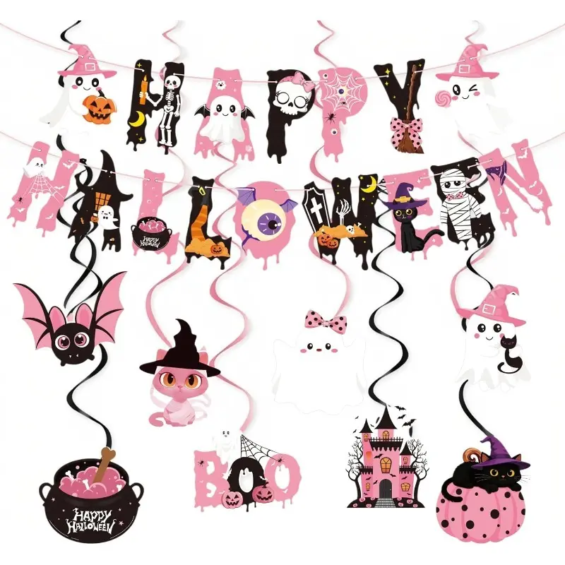 Pink Halloween Birthday Decor – Cute Ghost Swirl Banner, Hanging Spiral Streamers for Girls Baby Shower Party