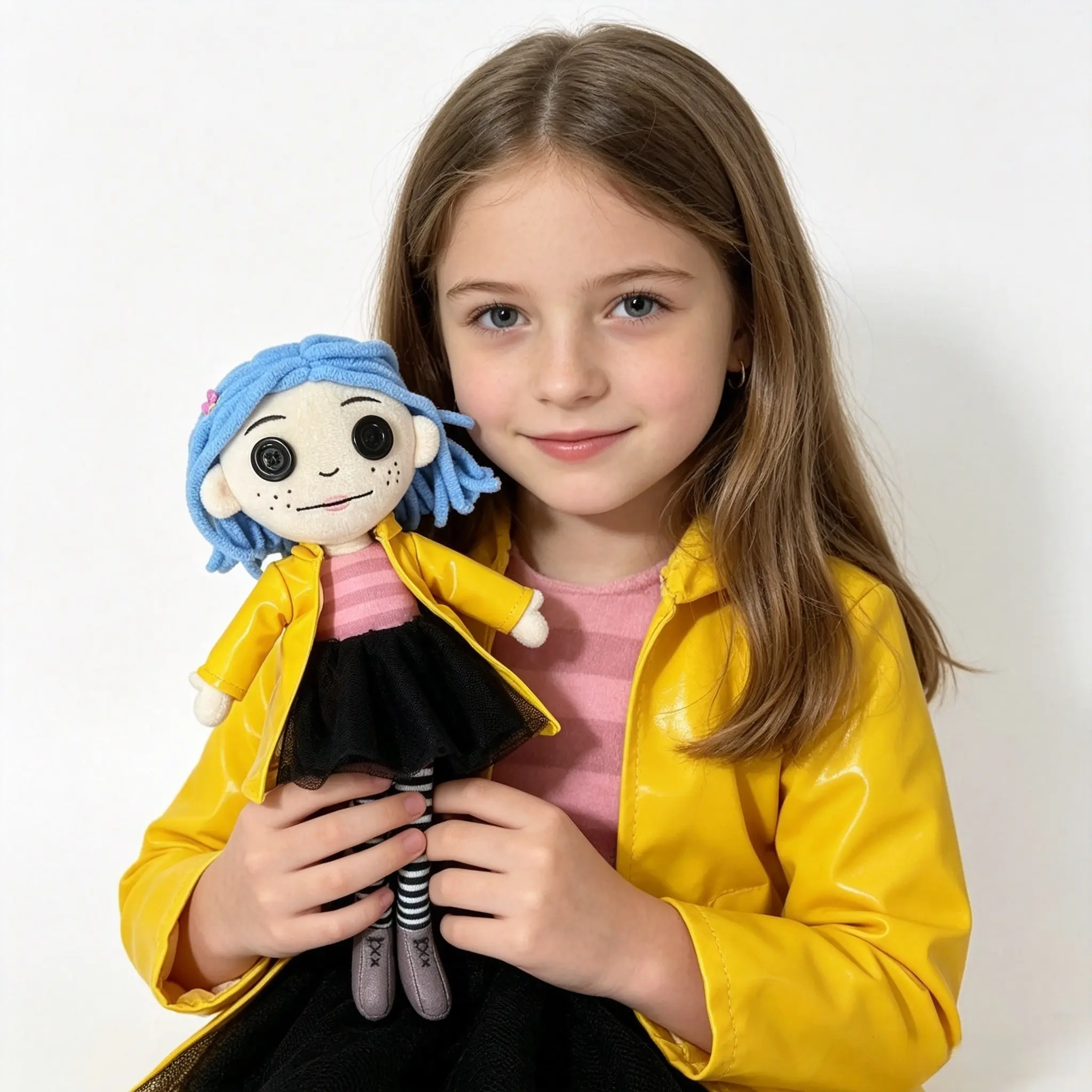 1PC Button-Eye Girl Plush Doll in Yellow Raincoat, Dark Gothic Style Stuffed Toy Collectible, Stuffed Dolls, Halloween Gift, Cuddly Doll Gift