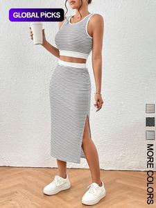 Women's Striped Print Crop Top & Skirt Two-Piece Set, Casual Fashion Cozy Top & Skirt for Daily Outdoor Wear, Ladies Clothes for All Seasons, Casual Outfits Women