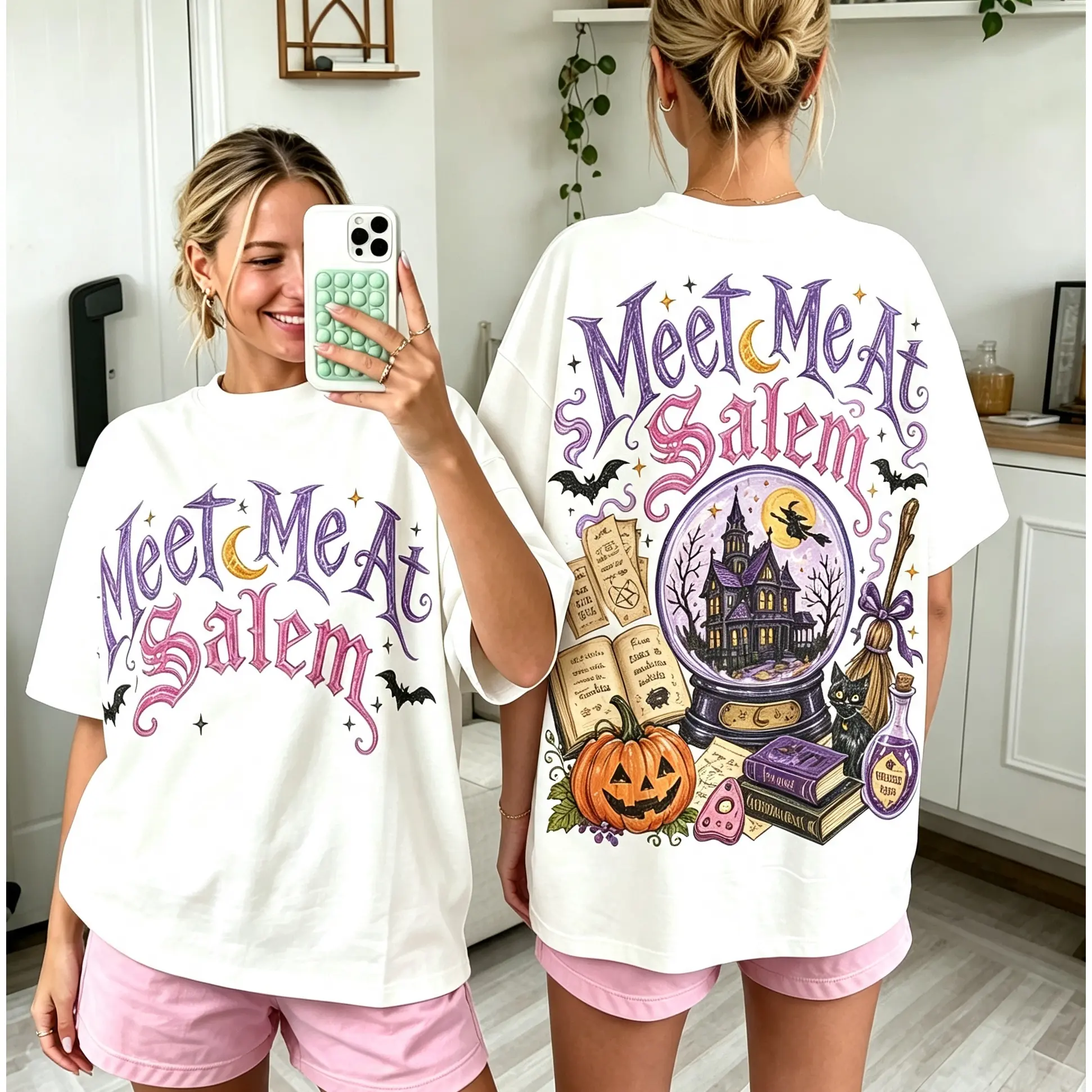 Vintage Gothic Salem Witch Printed T‑Shirt,Meet Me At Salem Witchy Double‑Sided Print T‑Shirt, Crystal Ball & Haunted Mansion Graphic Tee, Loose Casual Top For Halloween Parties And Gothic Daily Outfits#TikTokMadeMeBuyIt#TikTokShop#HalloweentownShirt