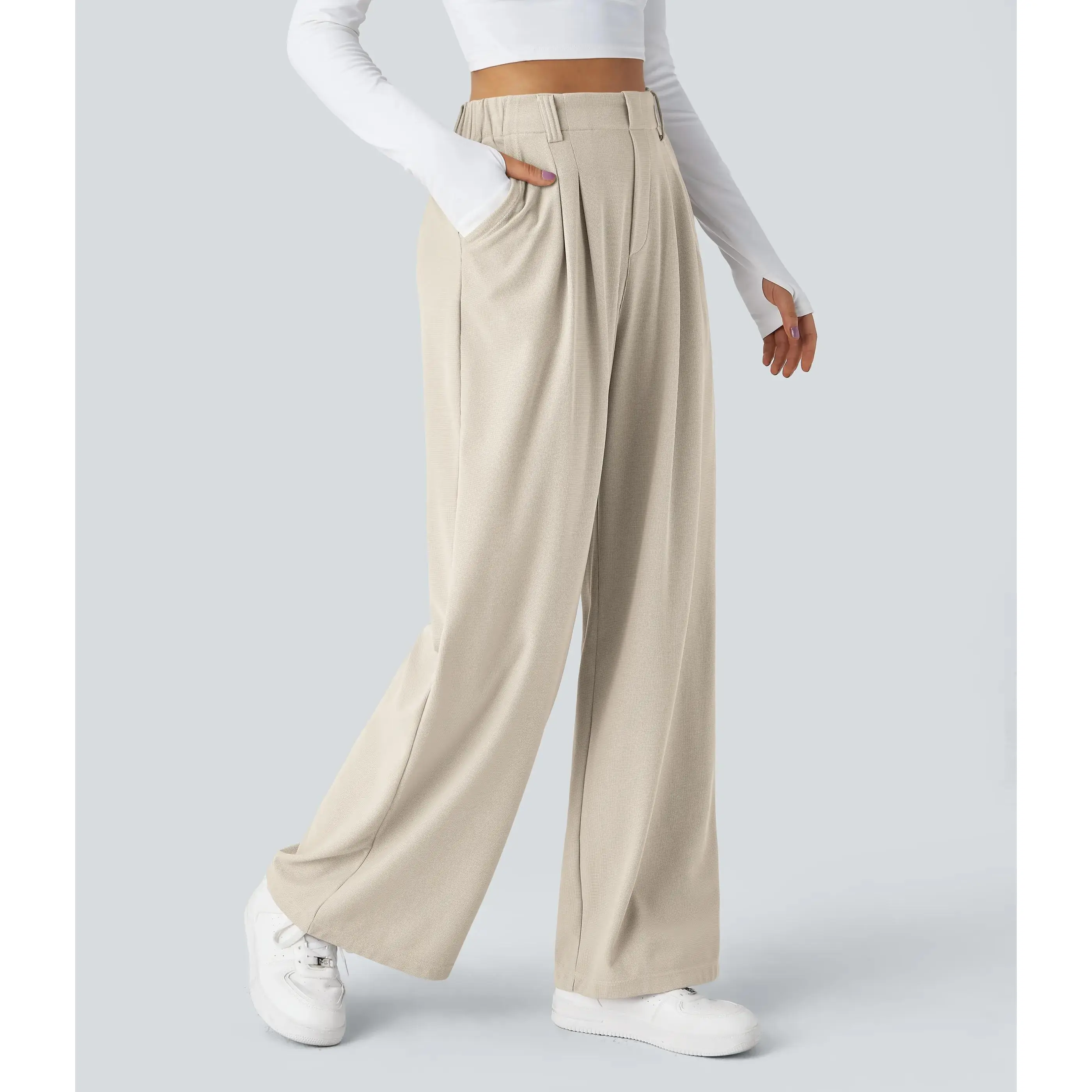 Women's High Waisted Pocket Wide Leg Waffle Work Pants