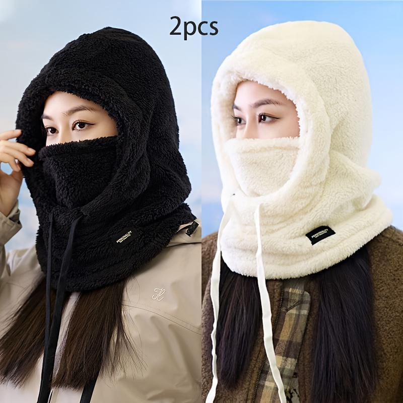 2PCS Plush Fleece Balaclava Hood  Soft & Warm Windproof Face Mask & Neck Warmer  Lightweight & Stretch Fit for Cycling, Skiing & Outdoor Sports (Navy Blue & Beige)