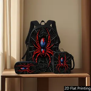 Fashionable Spider-Themed Backpack 3pcs Set, Including a Large-capacity Backpack, a Portable Handbag, and a Pencil Case. The Red Spider Pattern Paired with a Black Spiderweb Design Delivers Strong Visual Impact, Making It Suitable for Students' Daily