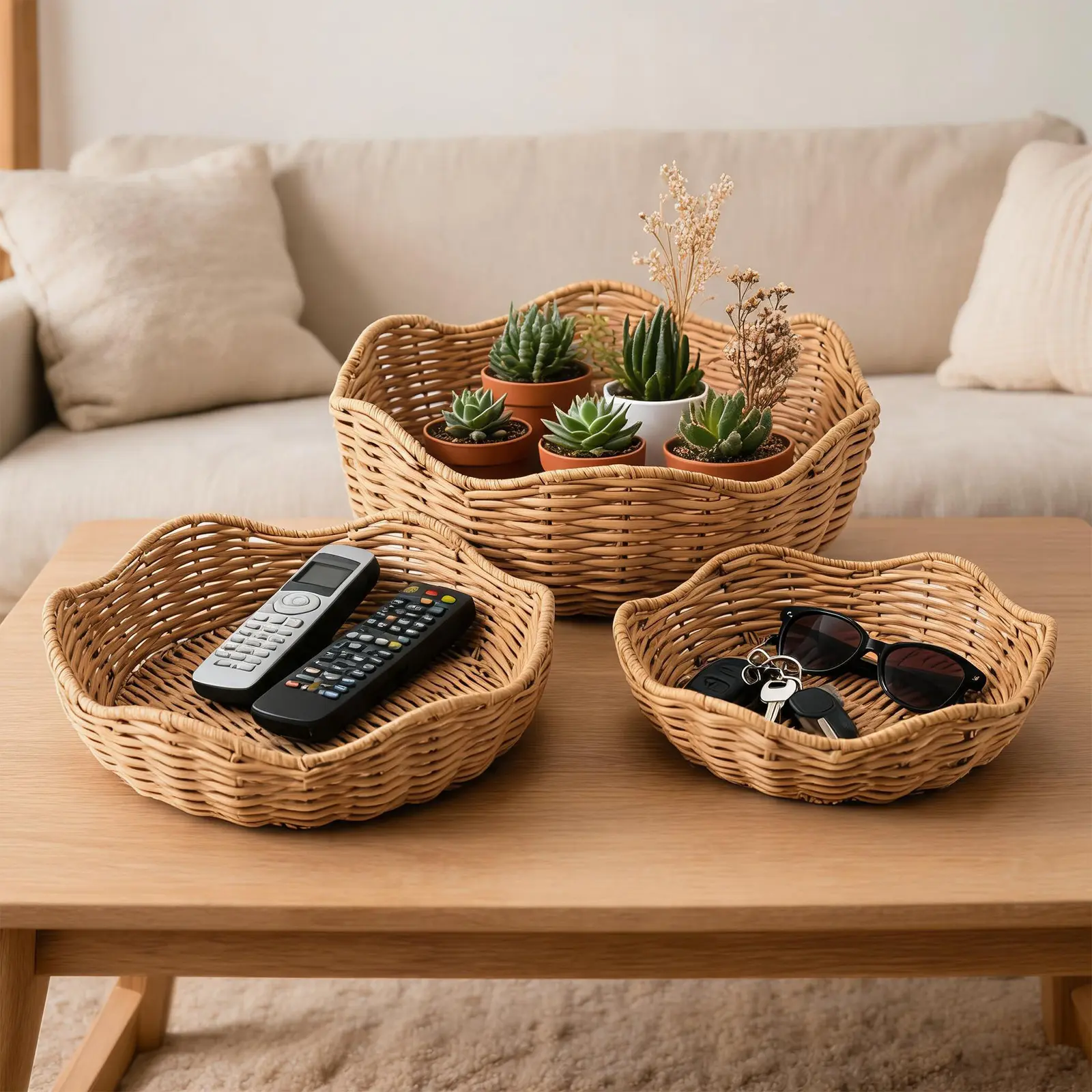 3 pcs  Rattan Bread Baskets, Handwoven Round Fruit Bowl Storage Basket, Stackable Wicker Serving Trays for Bread, Snack, Fruit, Vegetable, Key Holder, Farmhouse Kitchen Counter Decor