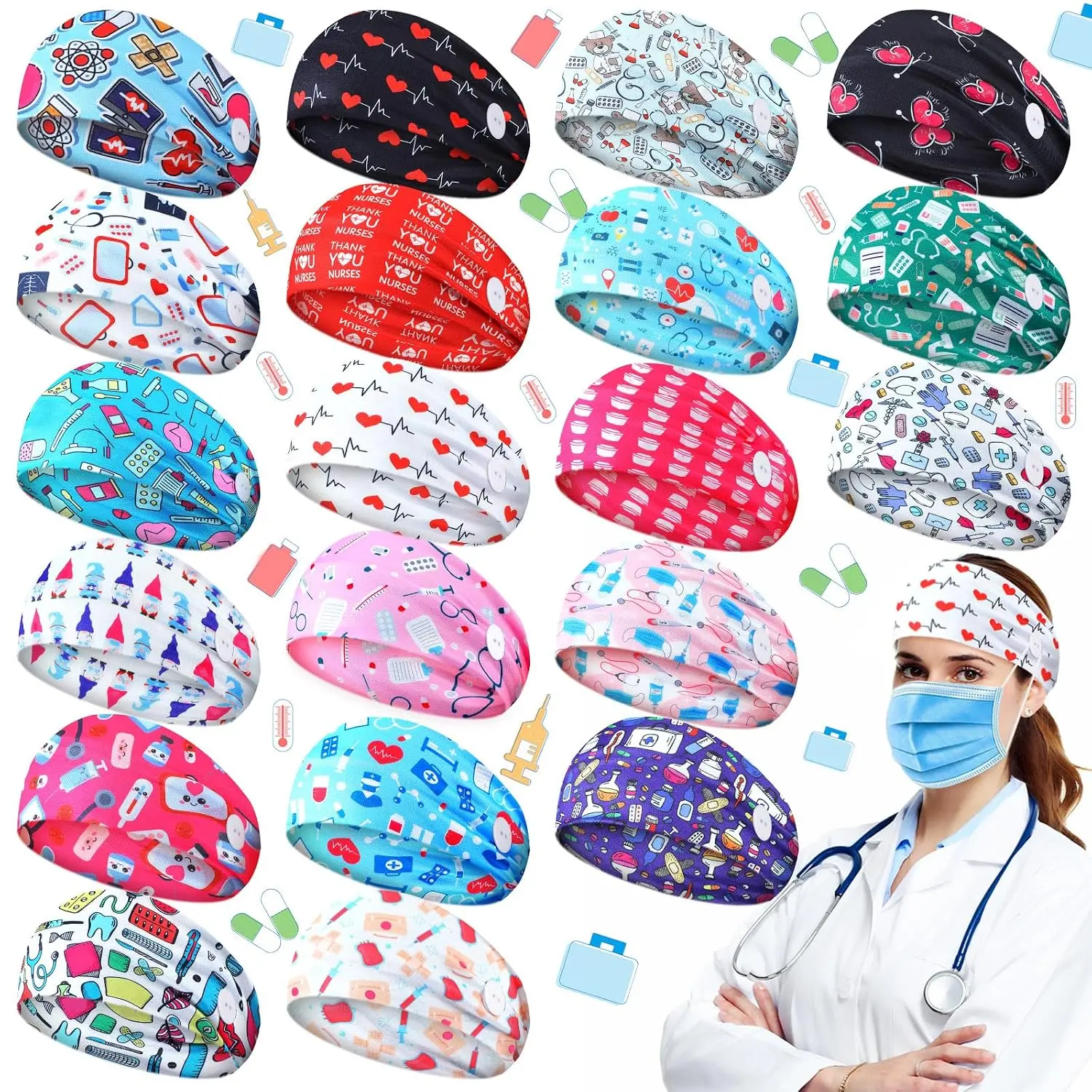 20 count Nurse Headbands for Women with Buttons for   Non Slip Scrub Headbands Elastic Wide Healthcare Hairbands Ear Protection CNA Accessories for Hygienist  Gifts