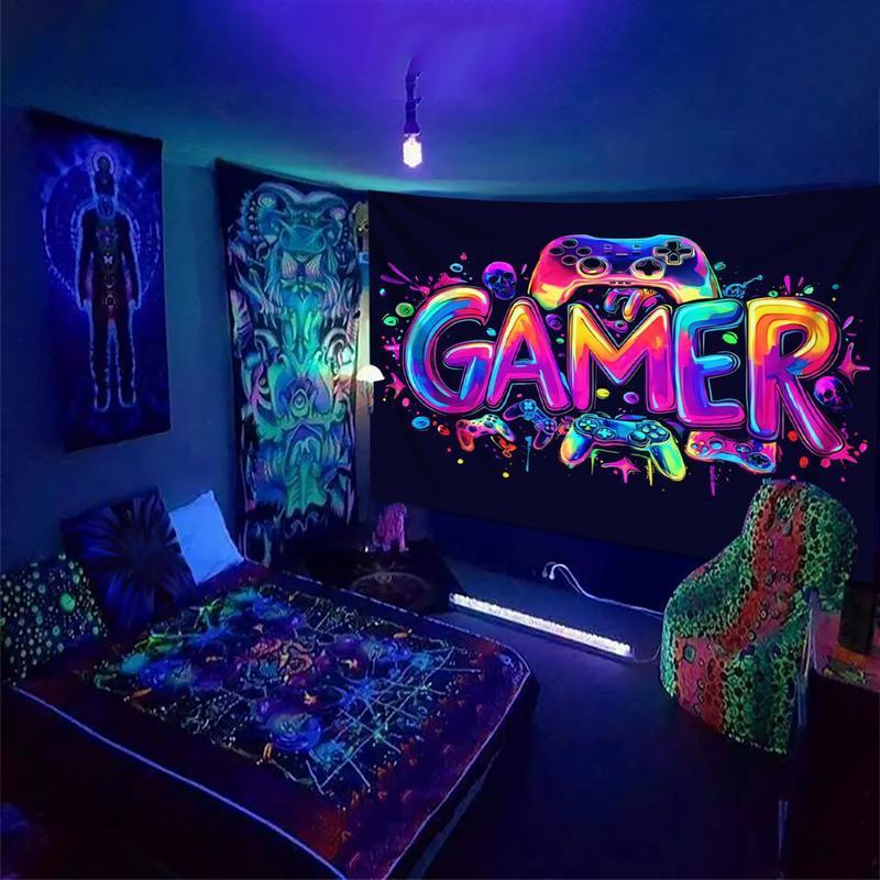 Game Controller Pattern Tapestry, UV Reactive Black Light Tapestry, Game Controller Neon Light Effect Wall Hanging, Bedroom Aesthetic Art Decoration Wall Tapestries
