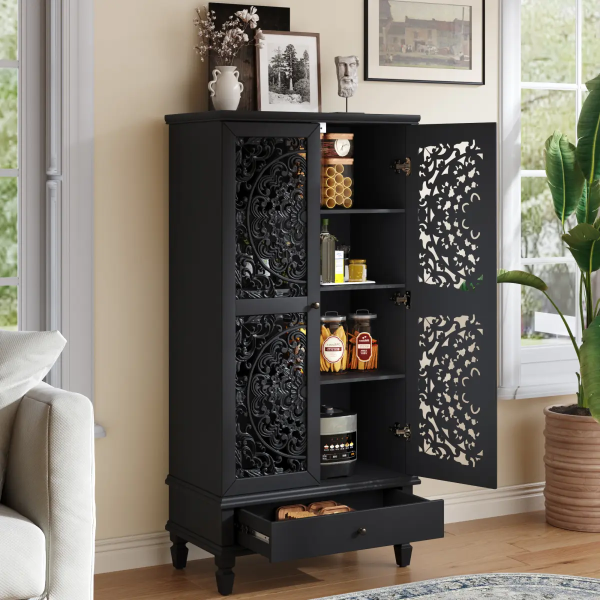 55'' Tall Storage Cabinet with Drawer, Rustic 2-Door Carved Wood Accent Cabinet with Solid Wood Legs for Living Room, Hallway, Dining Room, Black