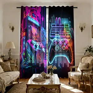 Vintage Game Controller Print Curtains, Rod Pocket Design, Easy to Hang, Vibrant Semi-Transparent Privacy Curtains for Bedroom Living Room Kitchen Closet Study Home Decor, Sheer Printed Curtains, Window Curtain, Home Decoration Curtain, Window Drapes