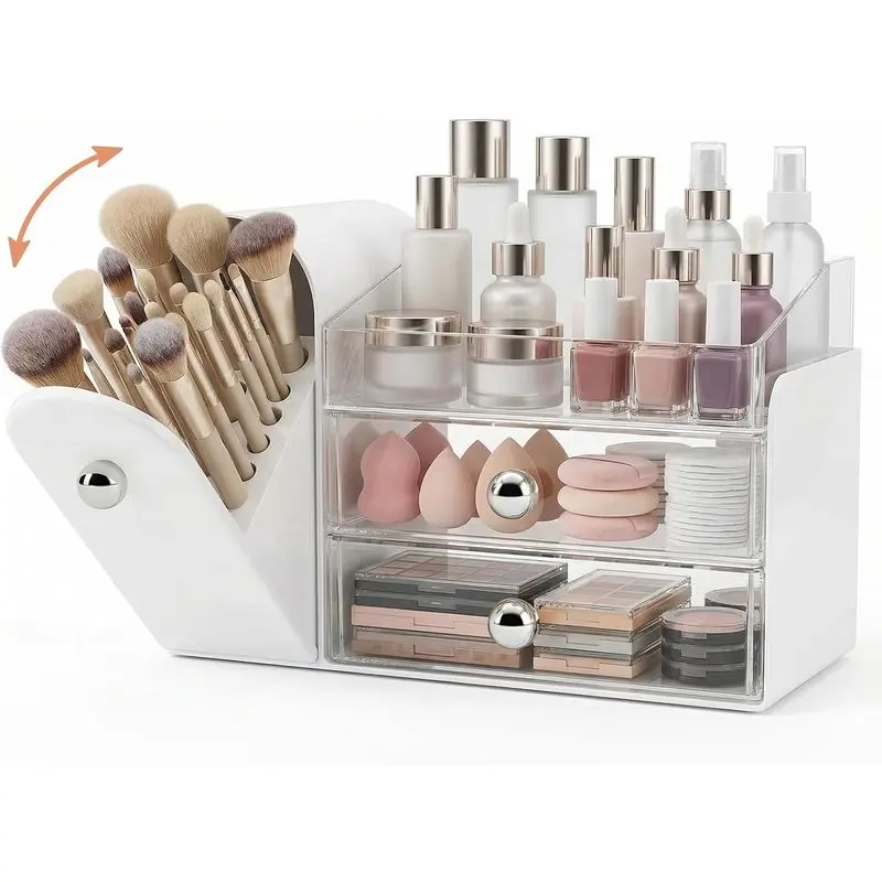 Makeup Organizer Countertop with Pull-Out Brush Holder and Drawers, Large Capacity Vanity Storage for Skincare, Perfume, Lipstick and Palettes