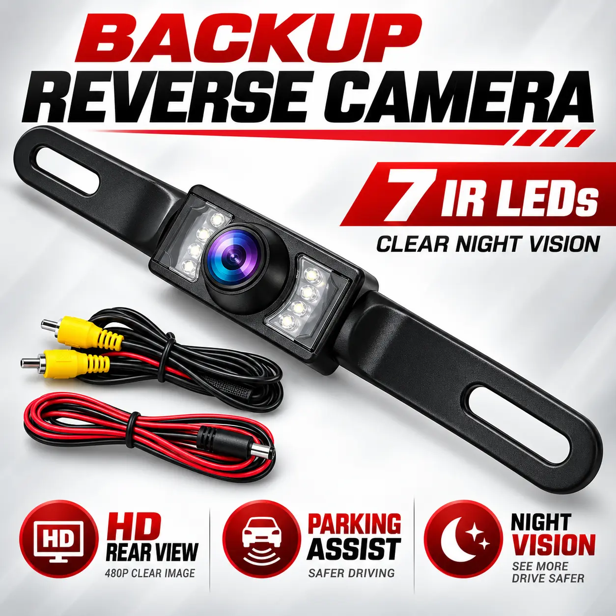 Car Truck Rearview Backup Camera with US License Plate Mount, 170° Wide Angle Rear View, Night Vision and Parking Assist for Reversing