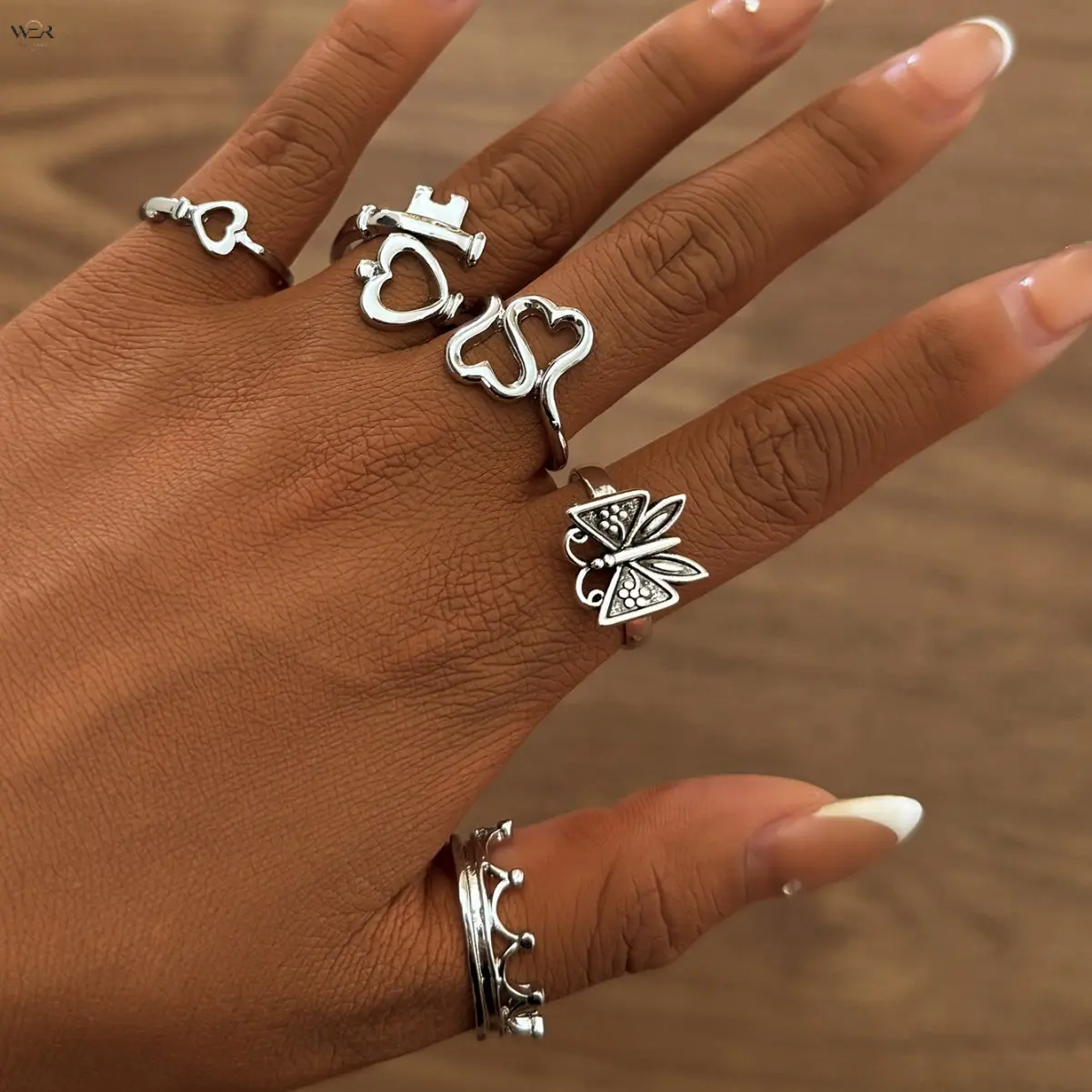 Vintage Silver Open Adjustable Stackable Rings Set for Women, Butterfly Heart Crown Key Hollow Finger Rings, Gothic Boho Knuckle Stacking Band, Retro Fashion Open Ring Jewelry, Multiple Styles Daily Party Accessories