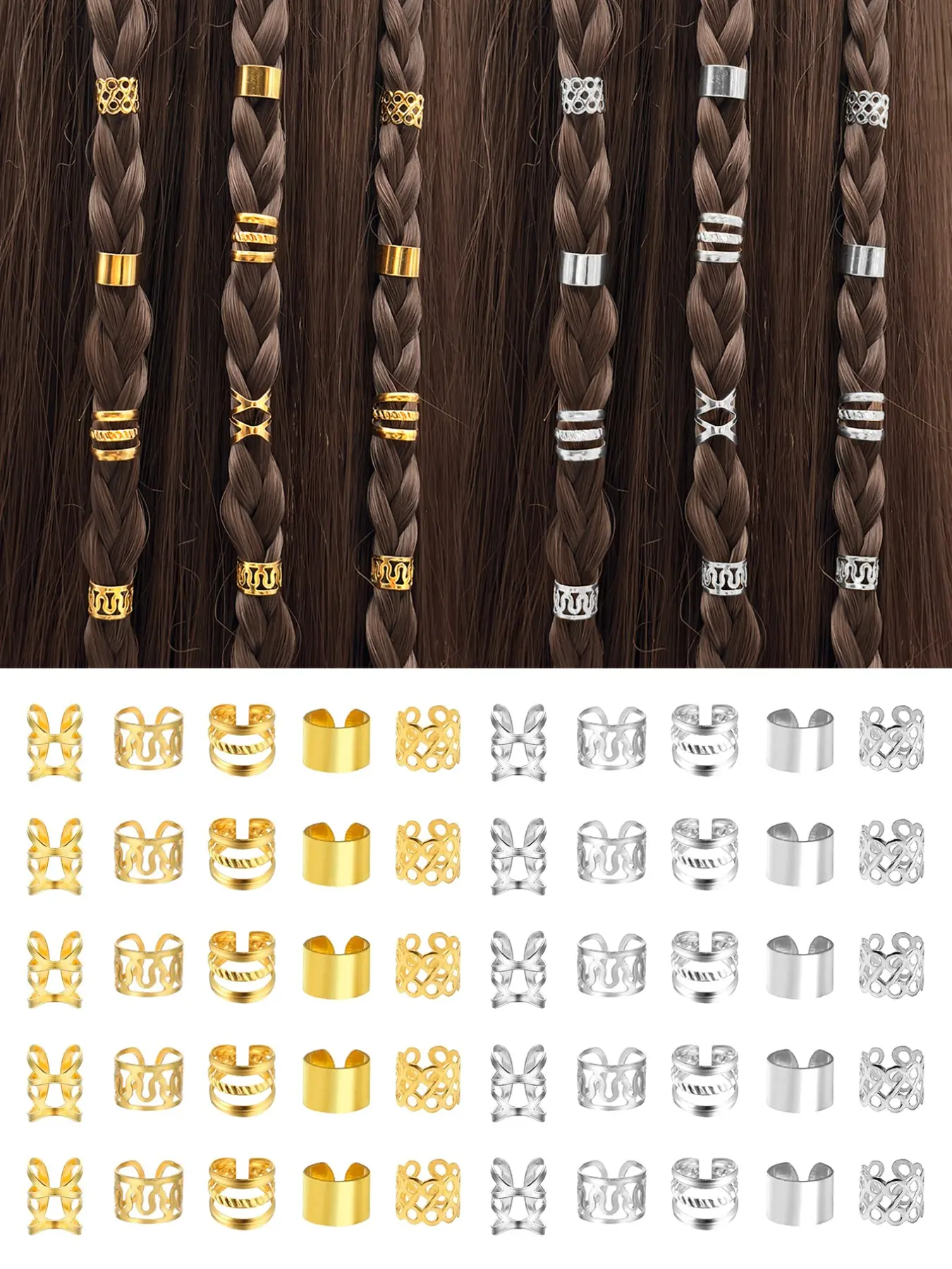 100pcs Alloy Beauty Metallic Finish Versatile Hair Jewelry Set, Dreadlock Accessories & Braid Clips, Non-Piercing Ear Clips, Beard Beads & Hair Cuffs for Men & Women
