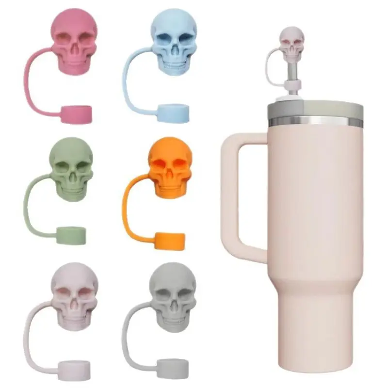 6 Pcs Halloween Skull Straw Covers – Mixed Color Silicone Straw Caps for Tumblers, Travel Cups & Insulated Water Bottles. Dustproof Reusable Straw Toppers for Large Tumblers, Halloween Parties, Outdoor Travel & Daily Use