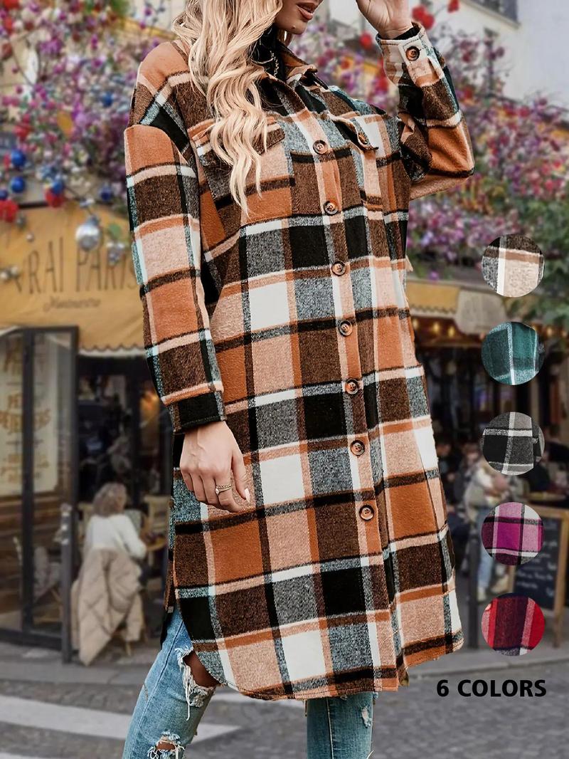 Women's Colorblock Plaid Print Button Front Drop Shoulder Coat Casual Long Sleeve Collared Pocket Coat Jackets for Fall & Winter, Women's Clothing for Daily Wear Women's Colorblock Plaid Print Button Front Drop Shoulder Coat Casual Long Sleeve Collared Pocket Coat Jackets for Fall & Winter, Women's Clothing for Daily Wear