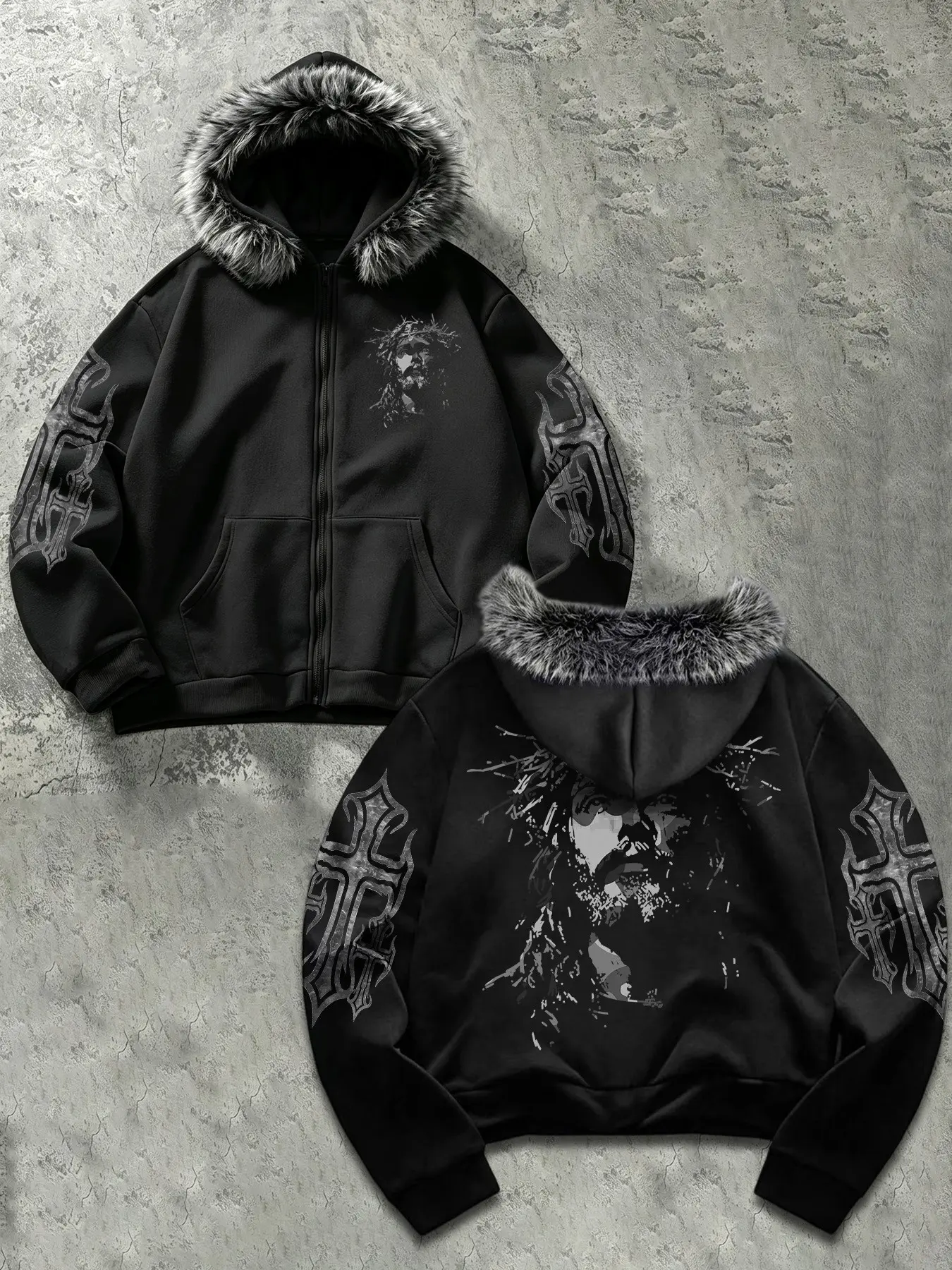 Unisex Faux Fur Hooded Jacket, Casual Print Outerwear, Zipper Design, Jesus & Cross Pattern, Gothic Street Style Aesthetic, Warm Pullover