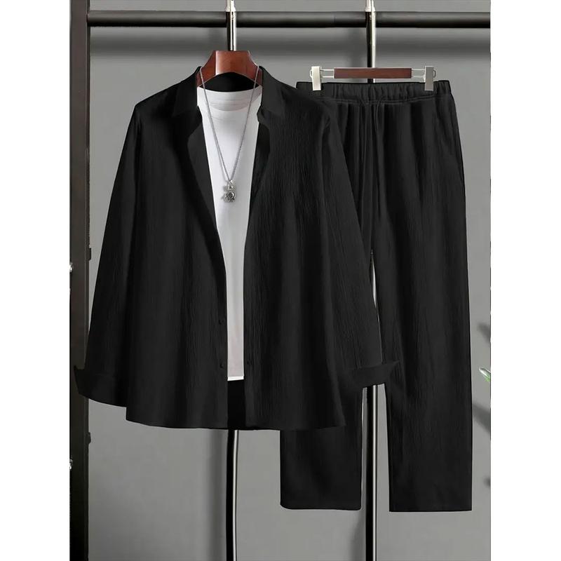 Plus Size Men's Casual Sport Suit Outdoor Leisure Button Closure Jacket & Pants Set for Spring Summer Adult Males Black Trouser Menswear Gamis - Clothes