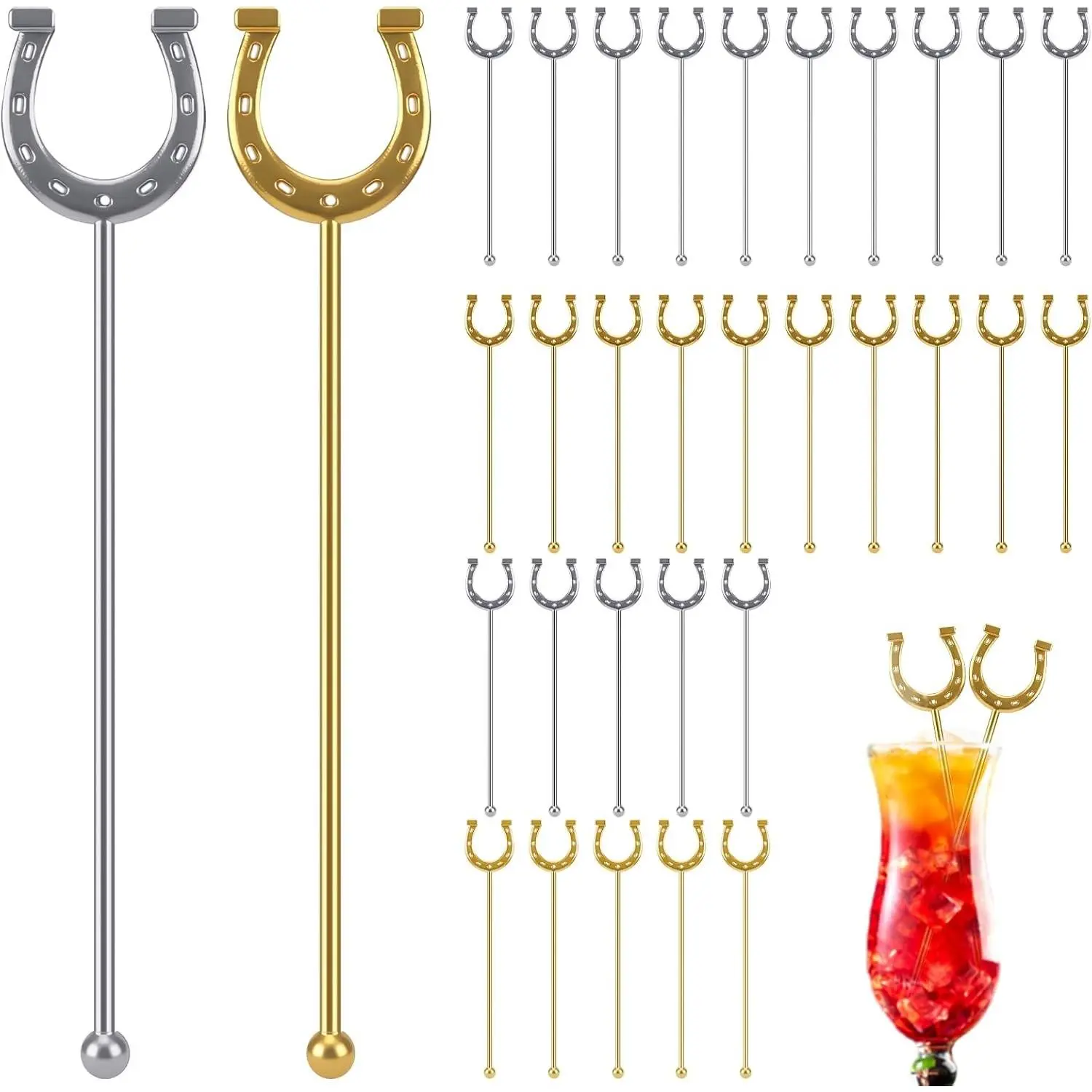 6 Inch Reusable U Shaped Horseshoe Plastic Swizzle Sticks Gold Silver Drink Stirrers for Cocktails Coffee Bar Party Wedding Events, 30 Pcs
