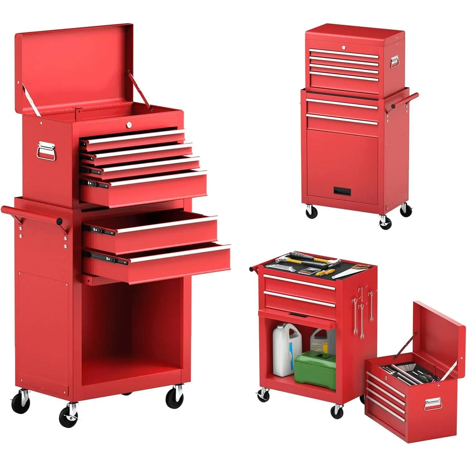 6-Drawer Tool Chest with Wheels – Detachable Top Toolbox, Lockable Drawers – Garage/Workshop – Heavy Duty Steel Cart – Storage Cabinet & Shelf