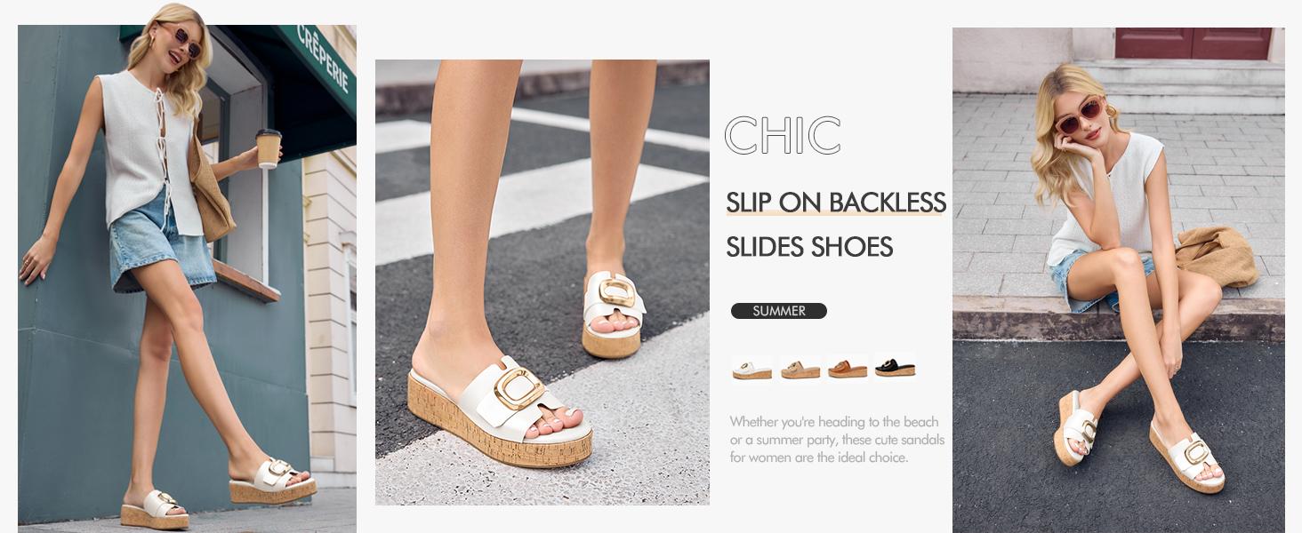 Fashare Womens Platform Sandals Cork Beach Slip on Wedges Metal Buckle Slides Open Toe Summer Shoes