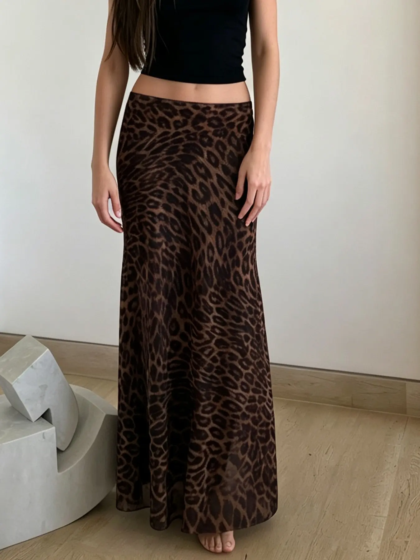 Women's Leopard Print Skirt Summer Mesh Bottom Skirts For Women Low Waist Long Skirt Sexy Slim Casual Skirts Woman Fashion Street Style Female Skirt Elegant Beachwear