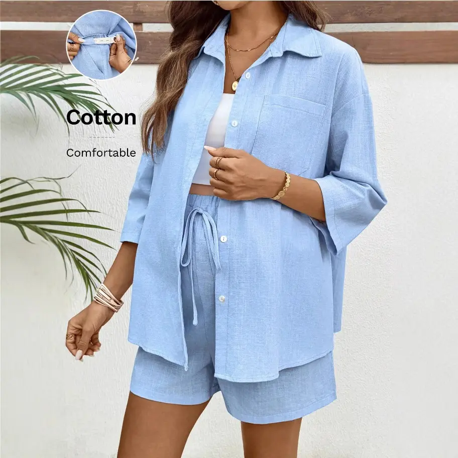 MUSBUY Women's Maternity 2-Piece Outfit - Plain Linen Button-Down (Long/3/4 Sleeve Options), Adjustable Waist Pants Suit/Shorts Set, Casual Outdoor Summer Loungewear for Pregnant Postpartum Use, Long Sleeve, Maternity Clothing, Breathable, Collared Neck,,