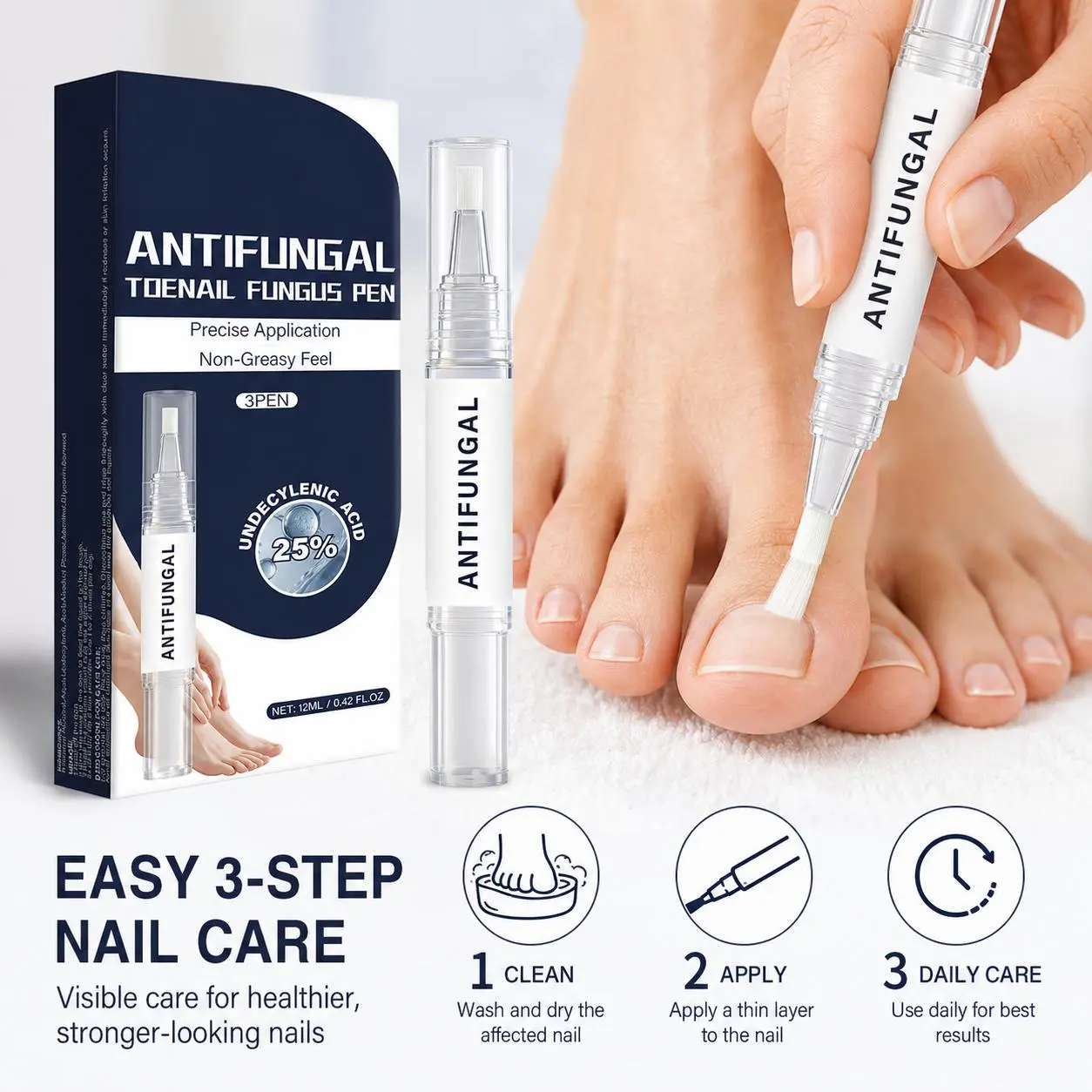 Toenail Fungus Treatment Pen, 3-Piece Antifungal Nail Care Set, Precision Brush Applicator, Non-Greasy Fast-Drying Formula, Home Foot Care for Fungal Nails, Travel-Friendly