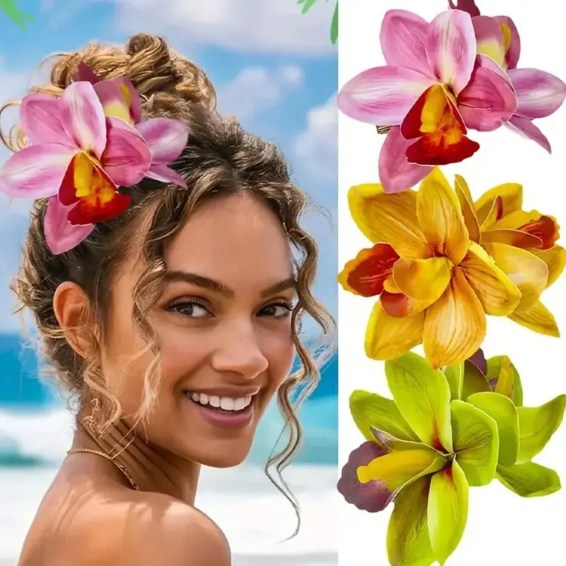3pcs Artificial Orchid Hair Clips, Tropical Floral Hair Accessories with Multi-Color Options, for Beach Vacation & Party Hairstyles, Hair Clip