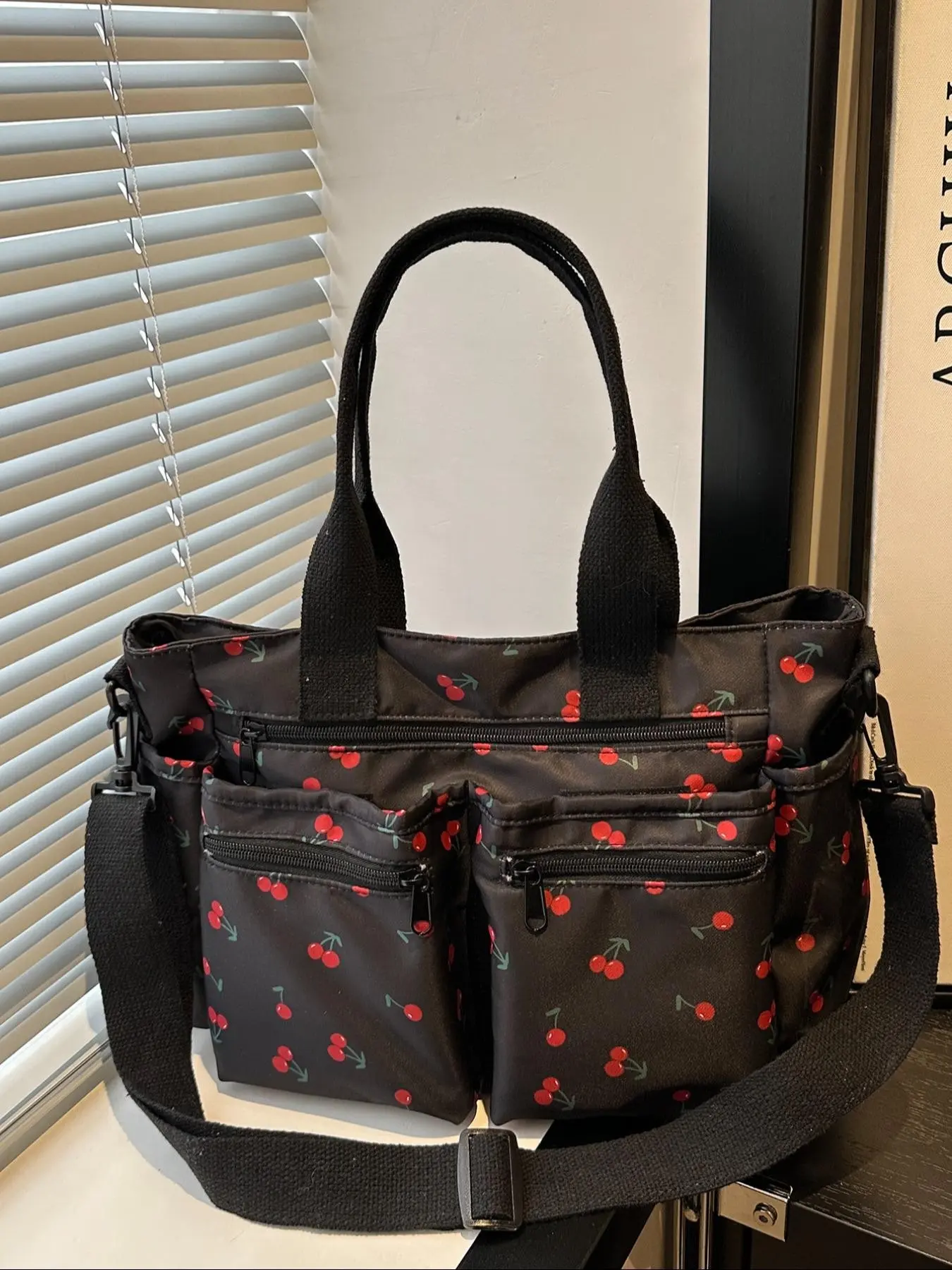 Large Capacity Shoulder Bag, Cute Cherry Pattern Design, Fashionable Velvet Material, Perfect for Work and Commute, Versatile Crossbody Bag