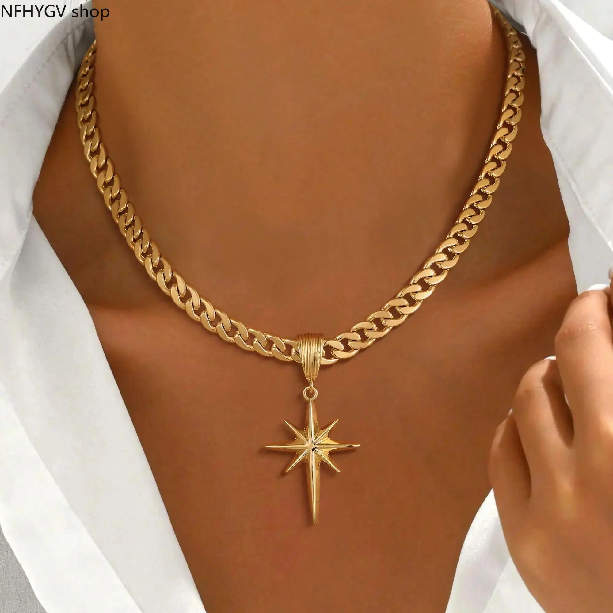 Women Bold Statement Neck Jewelry Necklace By Loyalove, 8mm Flat Gold Cuban Link Chain Decorated With Classic 8-Pointed Star Pendant, Luxurious Daily Wear Accessory Full Of Glamour, Perfect Romantic Ornament Gift For Valentine’s Day And Sports Outdoor