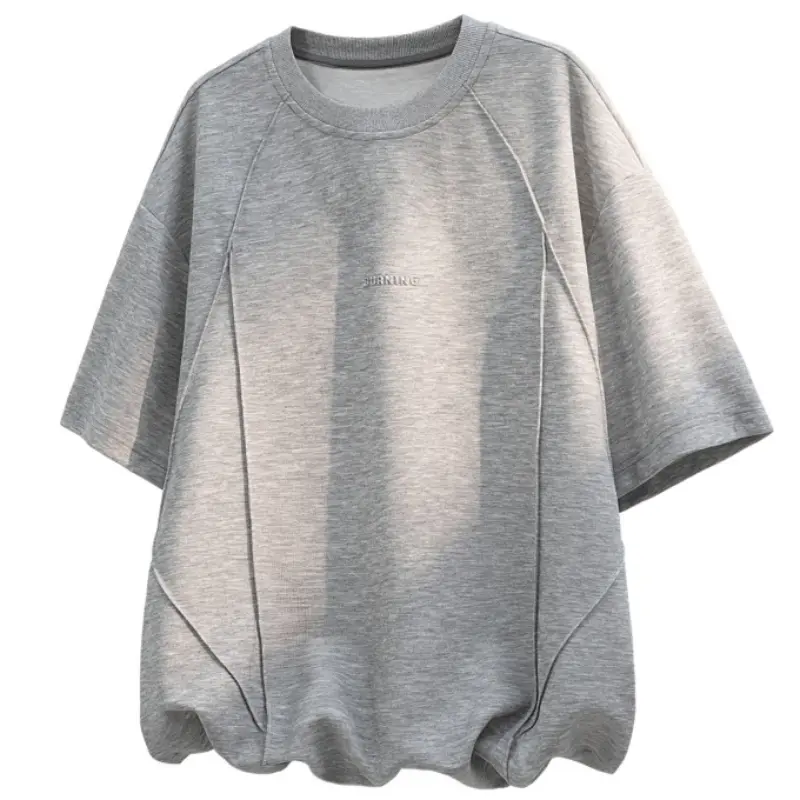 New Spring Summer 3D Split Cut Raglan Crew Neck Five-point Sleeve T-shirt Low-key Letter Embroidery On Chest Heather Blend Fabric Soft Breathable Unisex Basic Tee For Campus Shopping Short Trip Single And Layered Outfit