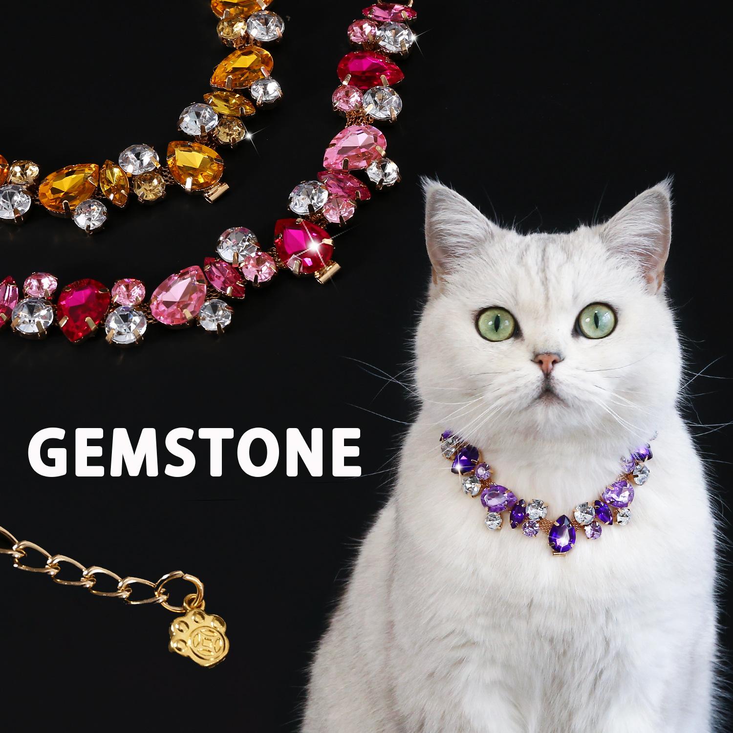 Luxury Pet Necklace: Gemstone & Crystal Chain Collar for Cats and Dogs - Full-Rhinestone, Princess-Style, Teardrop-Accent, Metal Wedding Collar