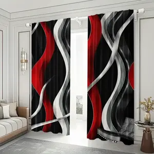 2-Piece Geometric Spiral Pattern Semi-Blackout Curtains in Red, Grey, and Black - Insulates, Ensures Privacy, Machine Washable, Suitable for Living Rooms, Bedrooms, and Glass Door Decor, Rod Bag Design, Modern Art Print Style, Living Room Accessories | Ge