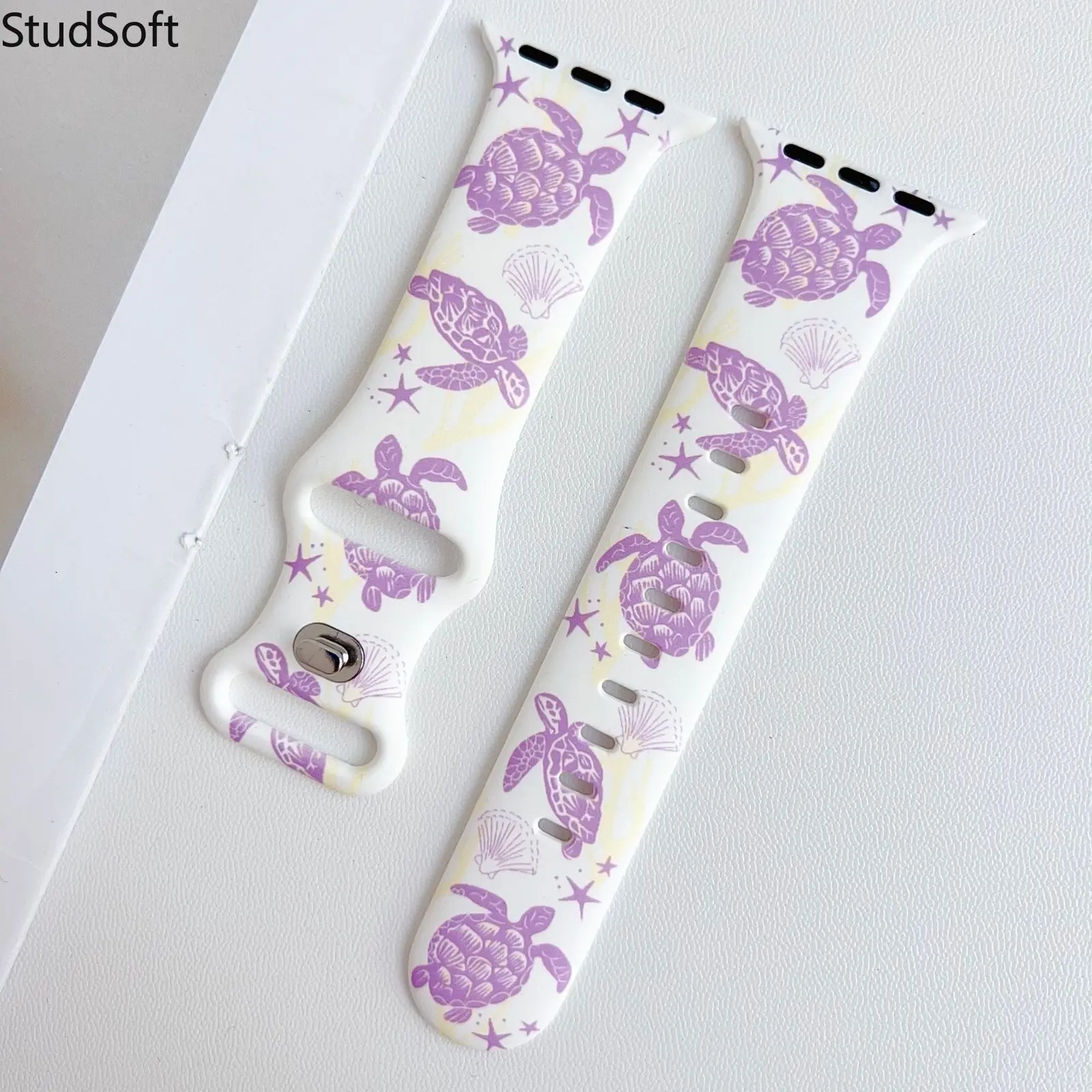 Cute Purple Sea Turtle Watch Band for Apple Watch 38mm 40mm 41mm 42mm 44mm 45mm 49mm Women Ocean Seashell Printed Silicone Sport Strap iWatch Series 10 9 8 SE Ultra 2 Summer Beach Wristband