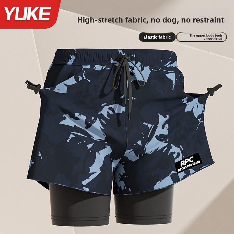 Adult double-layer swimming trunks men's flat-angle five-point swimsuit anti-embarrassment new professional beach adult swimming equipment one piece