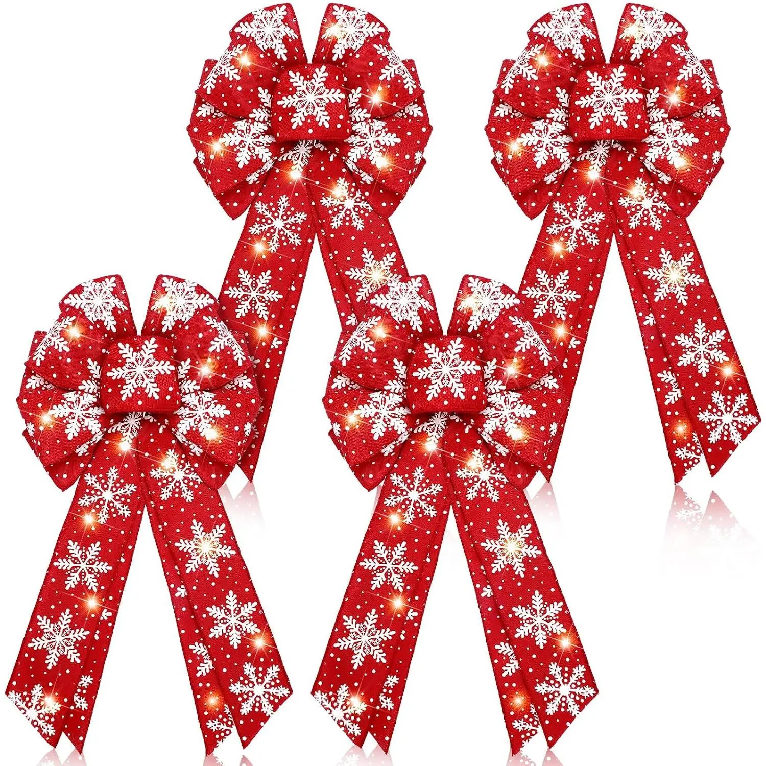 4 count 10 x 18 Inch Christmas Snowflake LED Wreath Bow, Large Burlap Red Lighted Bows, Xmas Tree Topper Ornaments Front Door Wall Stairs Decor for Indoor Outdoor Winter