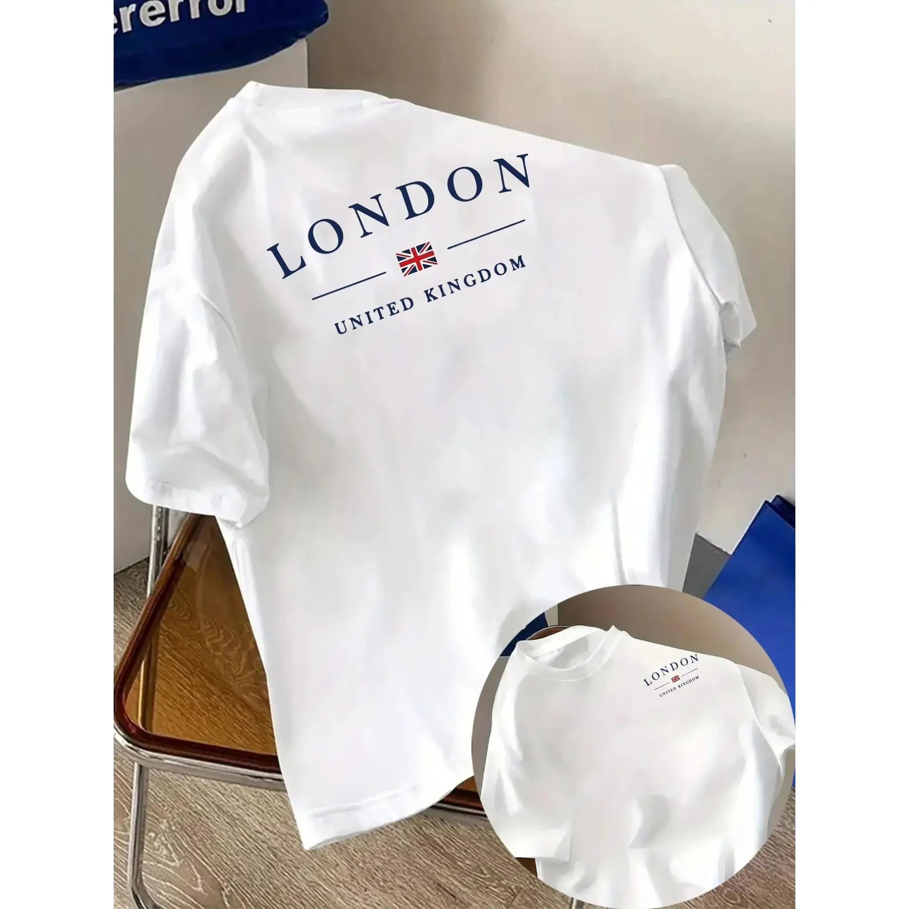 Men's London Graphic T-Shirt, Casual Double-Sided Union Jack Print Short Sleeve Top in 100% Cotton Knit Fabric with Slight Stretch, Round Neck, Graphic Print, Basic