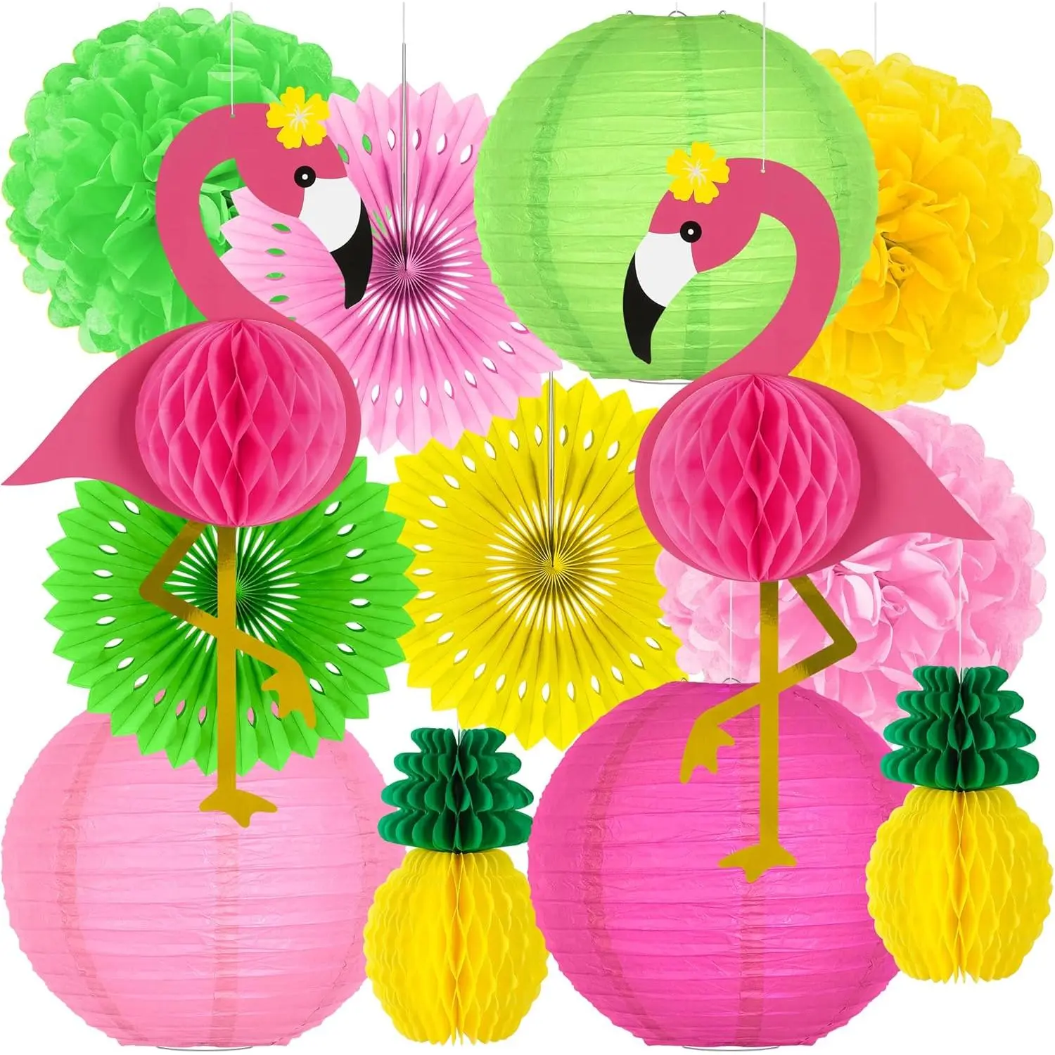 13PCS Hawaiian Luau Party Decorations - Flamingo Pineapple Honeycomb Paper Flowers Fans & Ball Lanterns for Summer Tropical Beach Party Supplies Favors