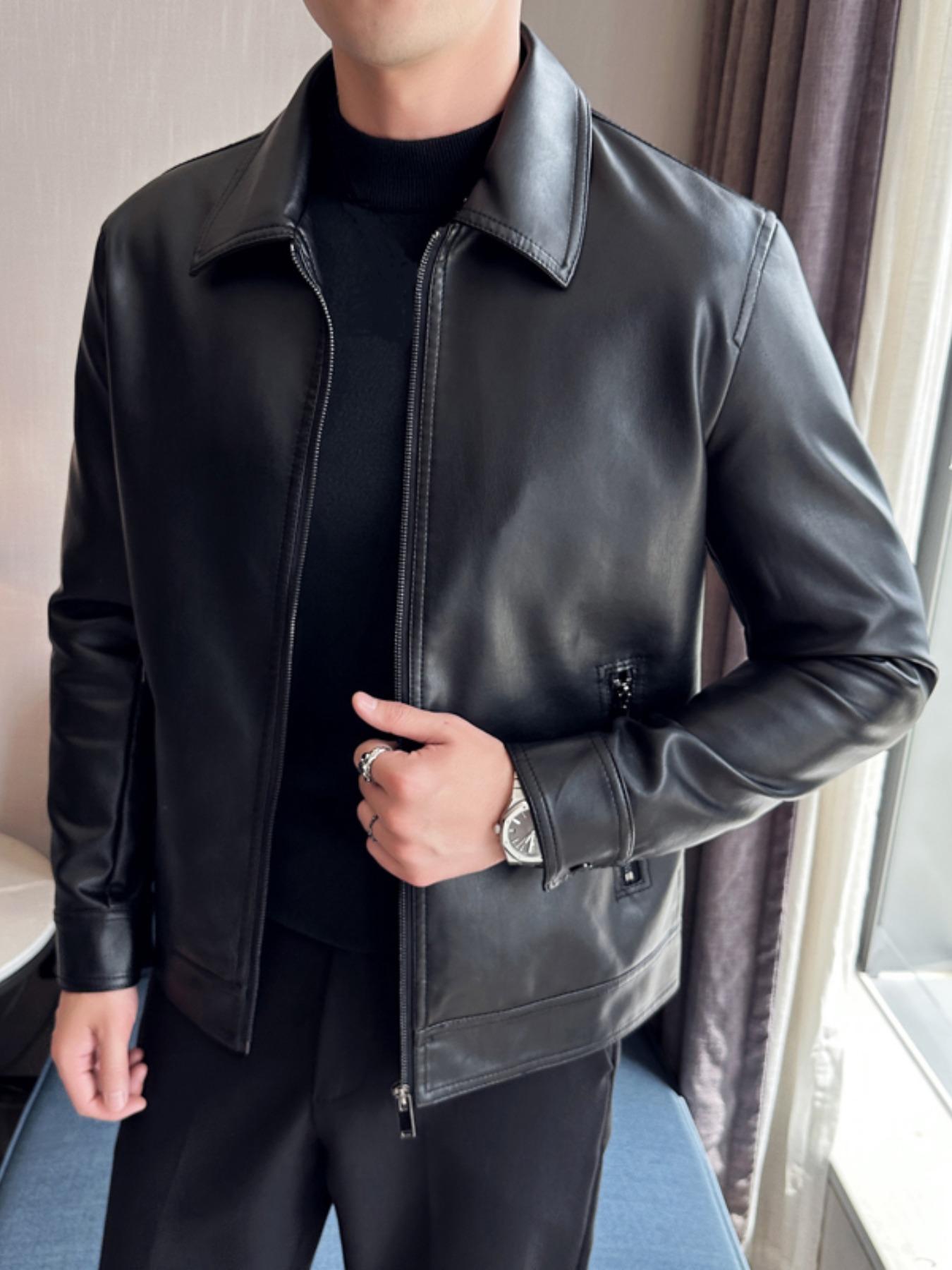 Men's Regular Fit Solid Zipper Pocket PU Leather Jacket, Casual Long Sleeve Collar Outerwear for All Seasons, Fashion Men's Clothing for Daily Wear