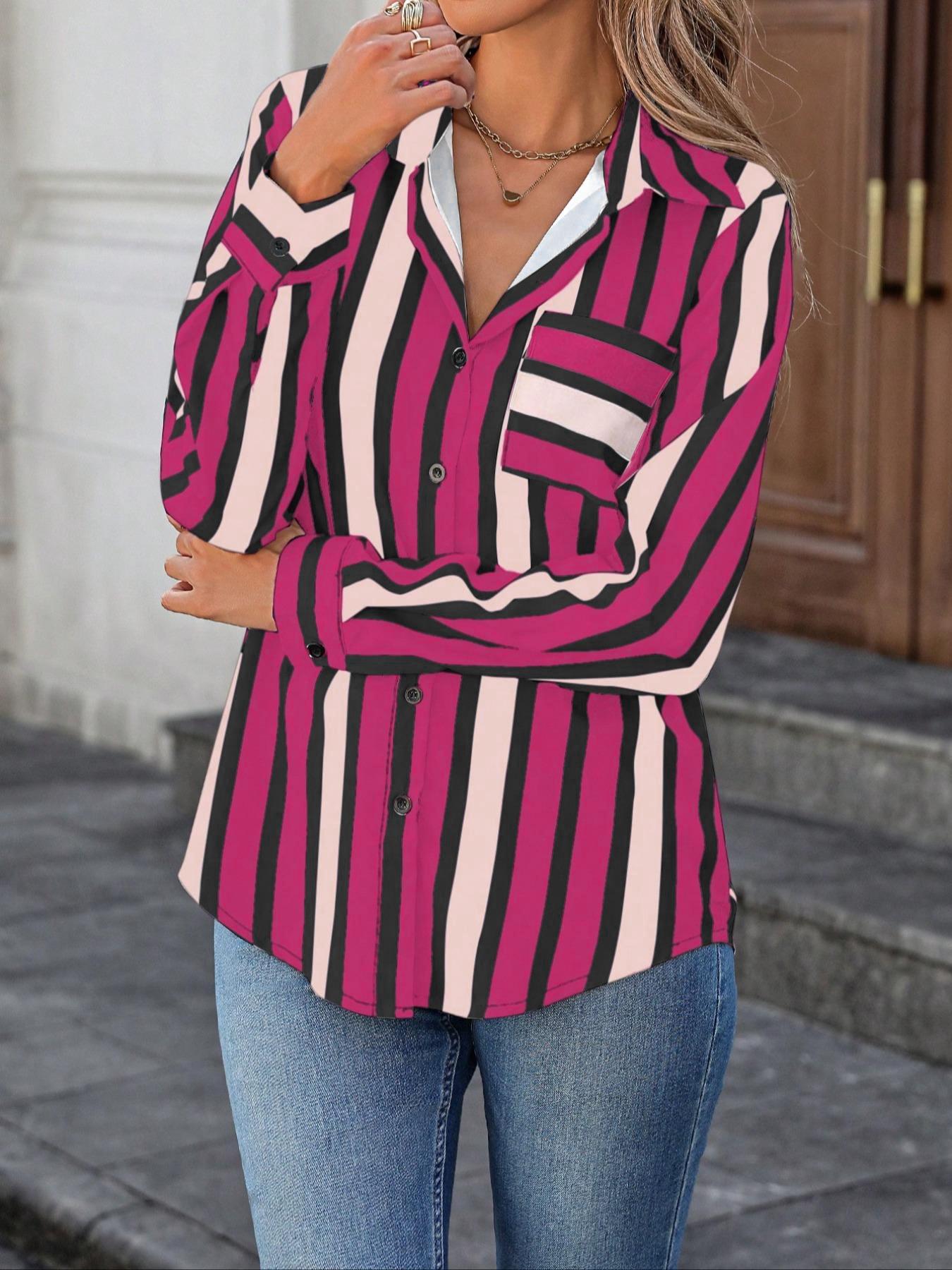 Plus Size Women's Casual Fitted Long Sleeve Shirt, Button Design, Pockets and Striped Pattern, Fashionable and Comfortable Daily Wear