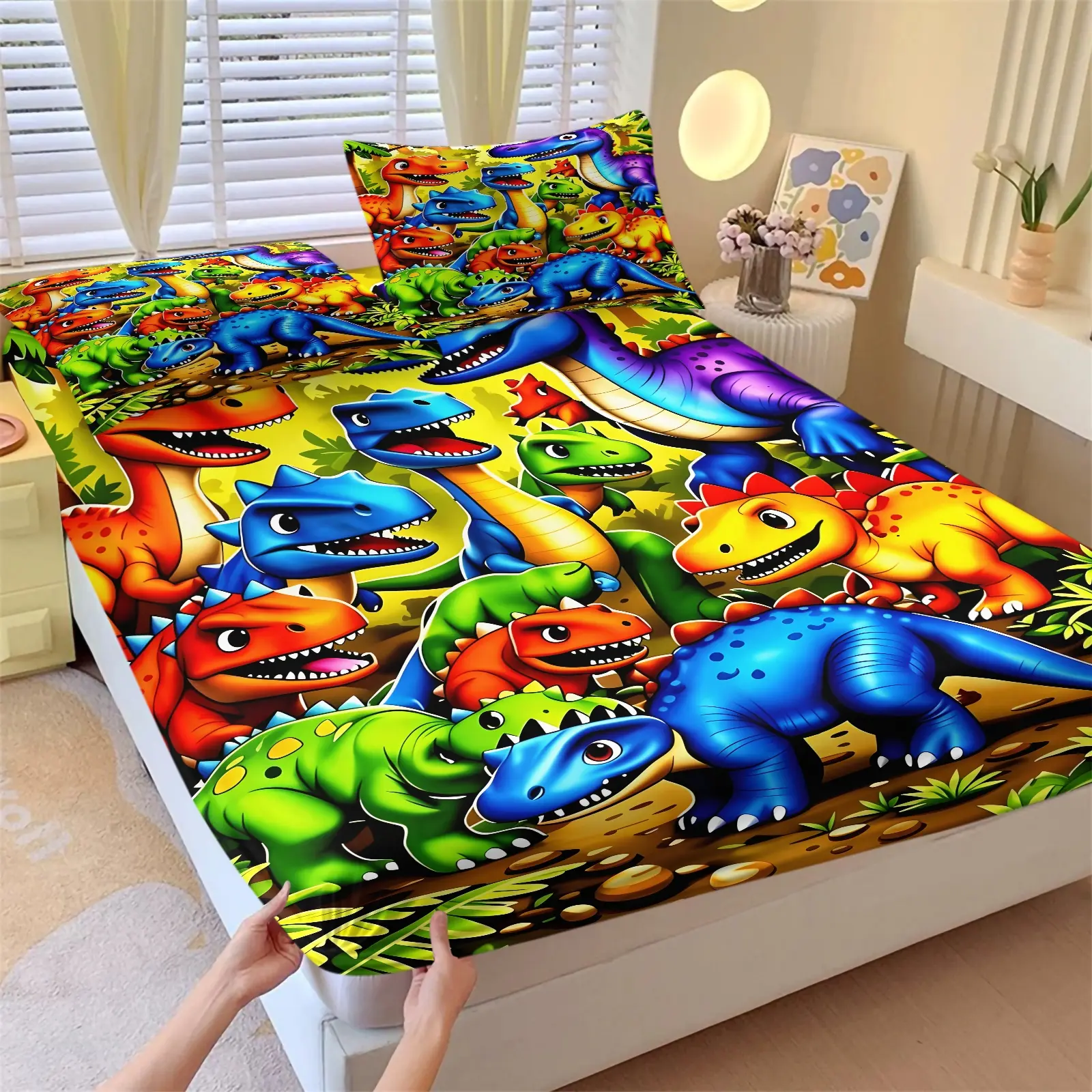 Jurassic Cartoon Dinosaur 3Pcs Print Fitted Sheet and 2 Pillowcases No Core, Cute Jurassic Dino Pattern Bedding For Boys, Deep Pocket Non Slip Elastic Mattress Cover, Soft Breathable All Season Decor For Kids Bedroom Dorm Bedsheet Sets