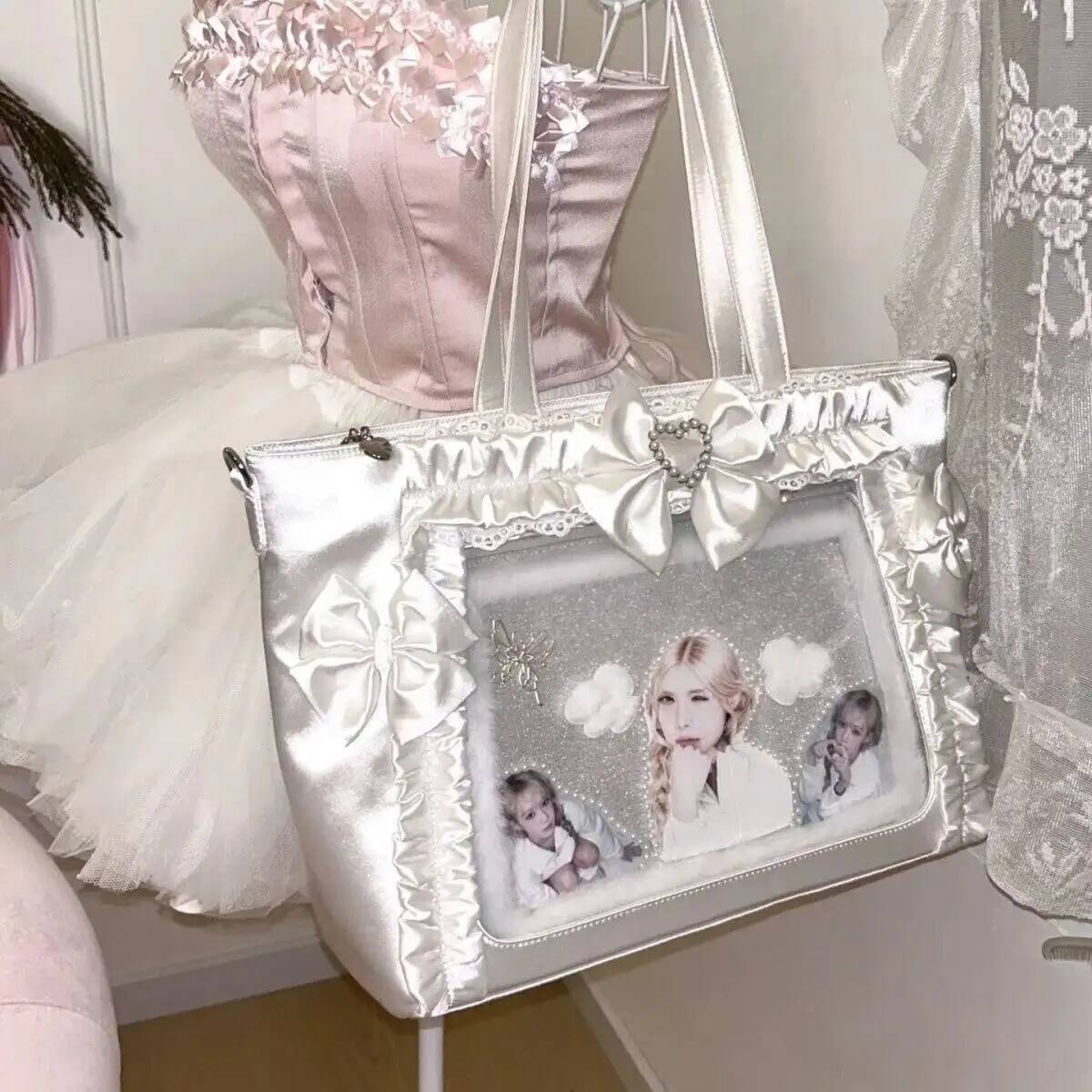 New Y2k Sweet Ita Shoulder Bag Lolita Girl Transparent Crossbody Bag Women Large Capacity Lace Tote Bag Cute DIY Display Handbag
