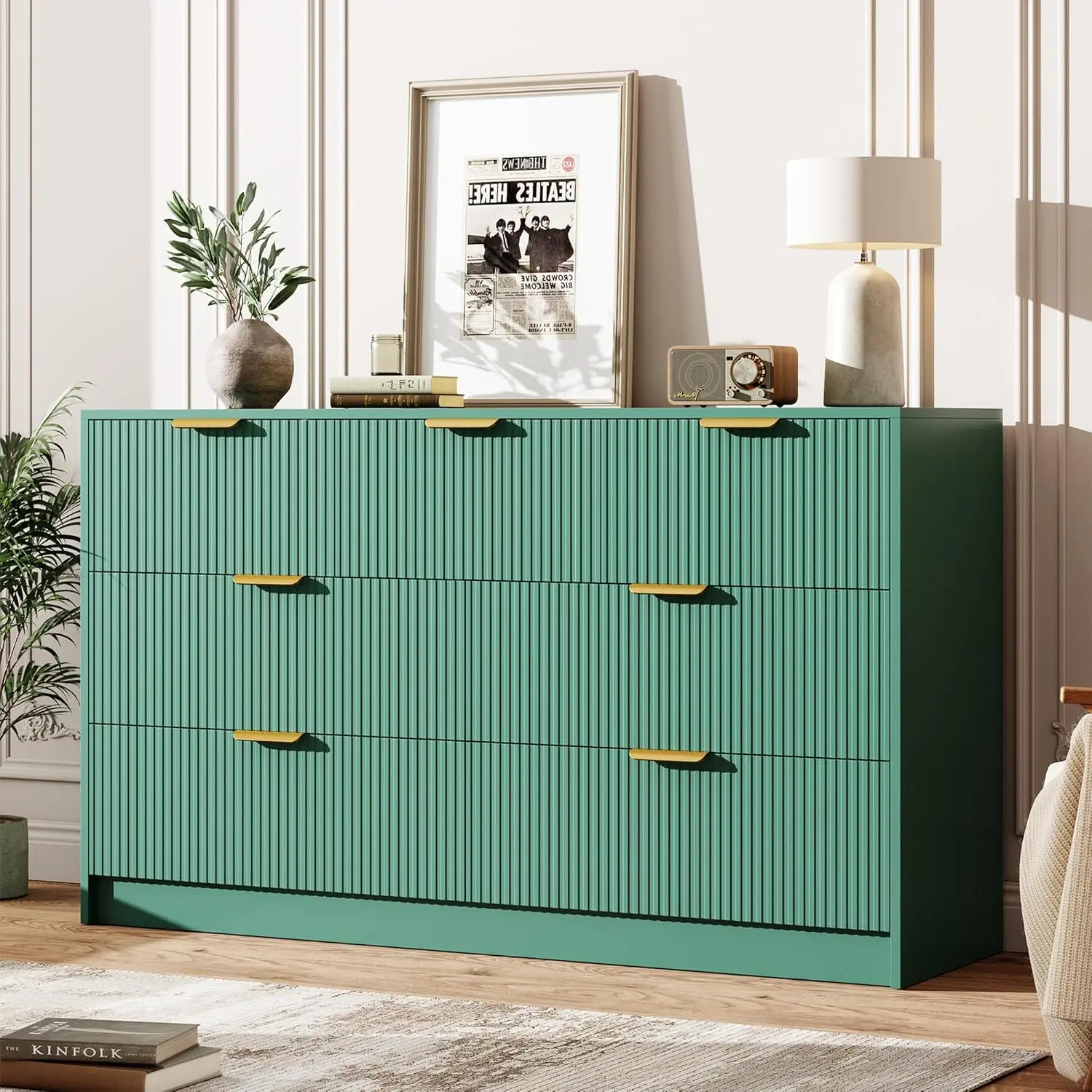 Elegant 7-Drawer Fluted Dresser for Bedroom - 54" Wide Vertical Chest with Gold Metal Handles - Spacious Storage Organizer and TV Stand - Ideal for Living Room or Closet - Dark Green/Pink/White/Black(2 Boxes)