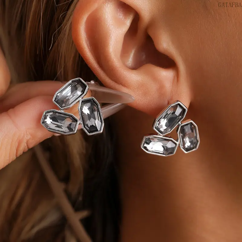 Geometric Symmetrical Triangle Grey Glass Stud Earrings, Ins Light Luxury Y2K Fashion Earrings for Women,back to school,back to school haul