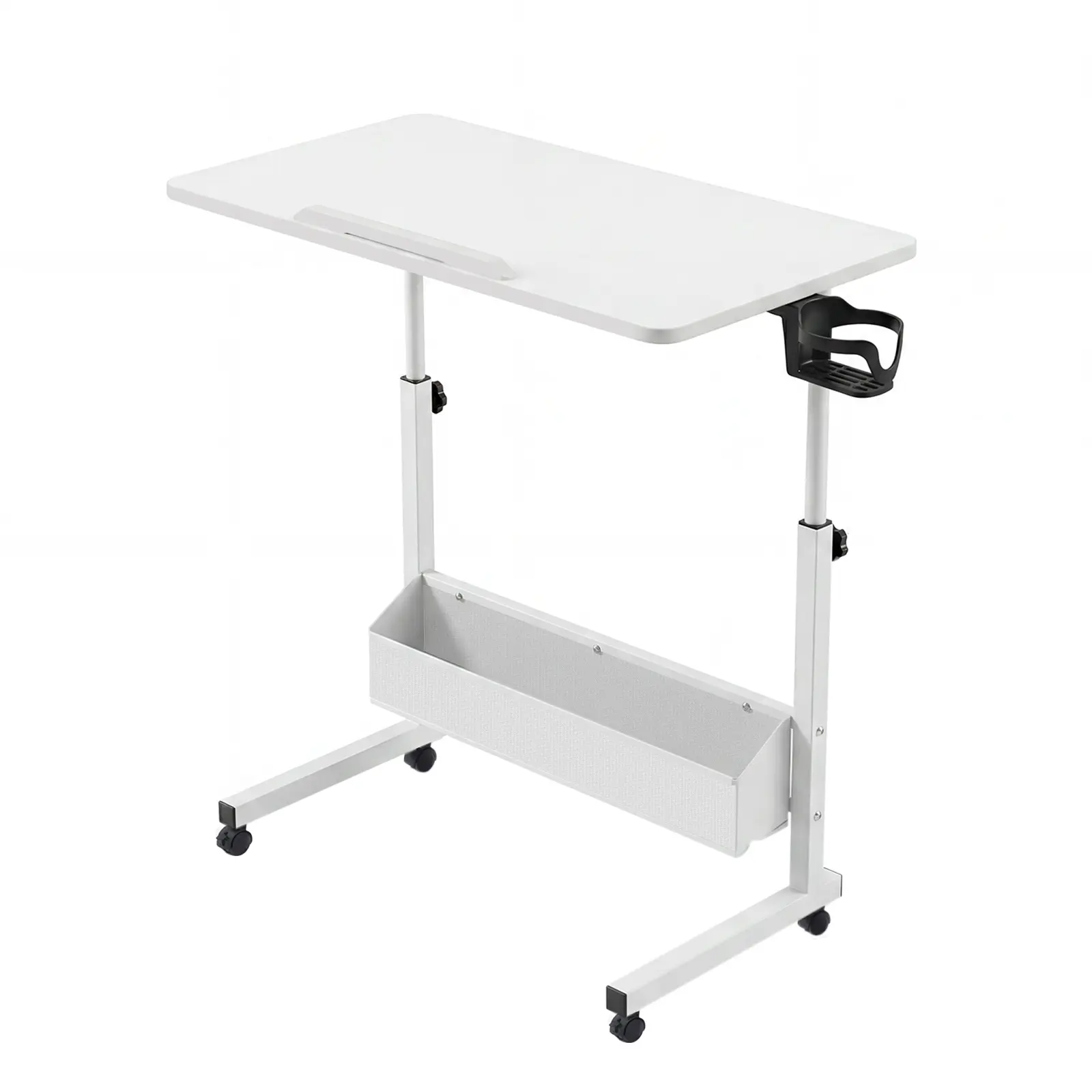 Rolling Laptop Desk with Storage Basket,Small Mobile Standing Desk with Locking Wheels & Tiltable Desktop, Height-Adjustable Standing Desk