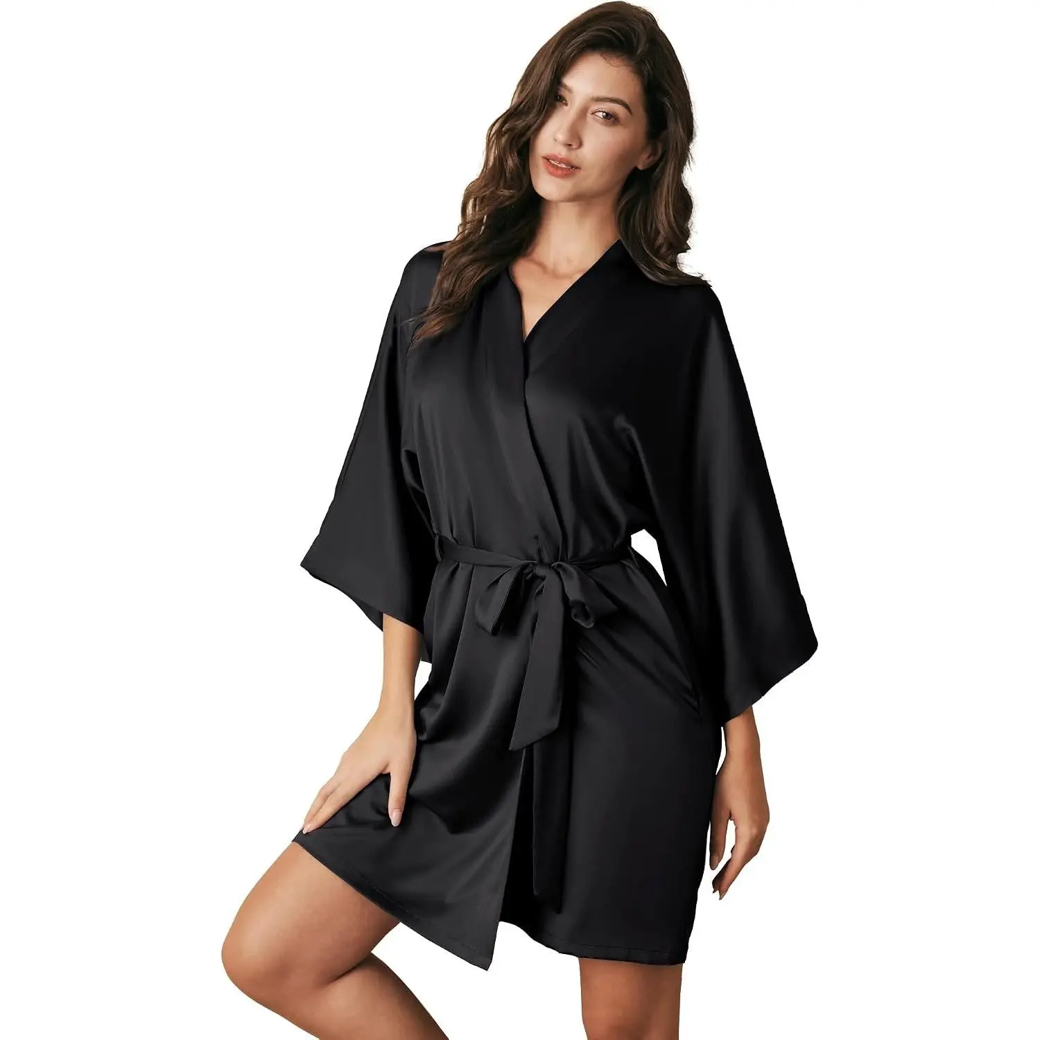 Silk Robes for Women, Short Bridesmaid Robes for Bridal Wedding Party, Bride Satin Bathrobe with Long Sleeve