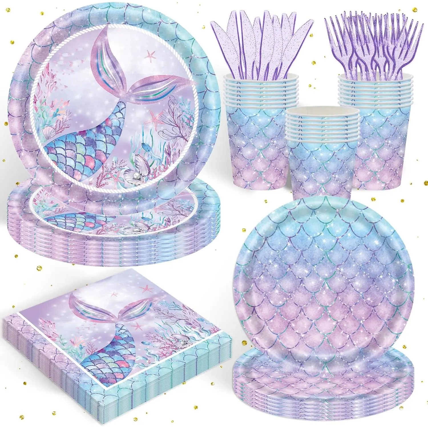 120PCS Mermaid Themed Party Supplies for Girls Baby Shower Under the Sea Mermaid Birthday Party Decorations Ocean Party Tableware Plates Cups Napkins Knives Forks for 20 Guests
